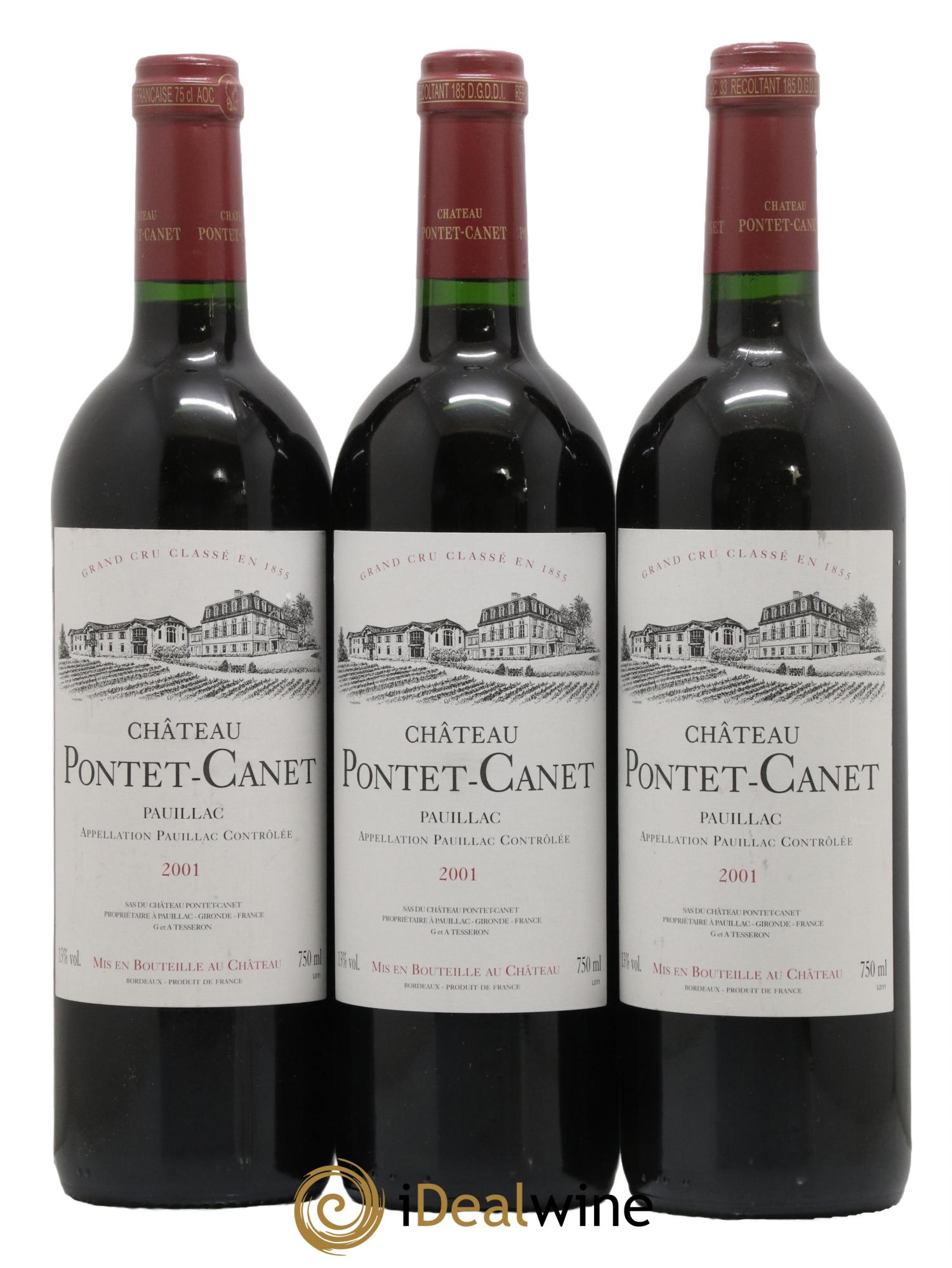 Château Pontet Canet 5ème Grand Cru Classé 2001 - Lot de 3 bouteilles - 0