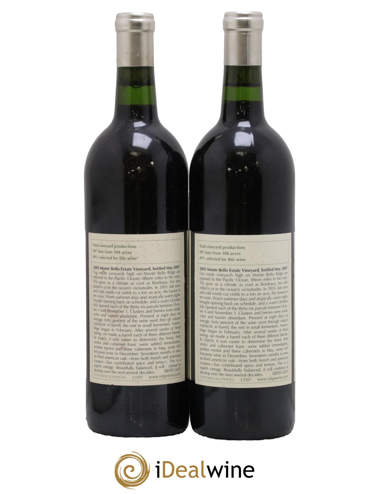 Santa Cruz Mountains Monte Bello Ridge Vineyards 2005 - Lot de 2 bouteilles - 1