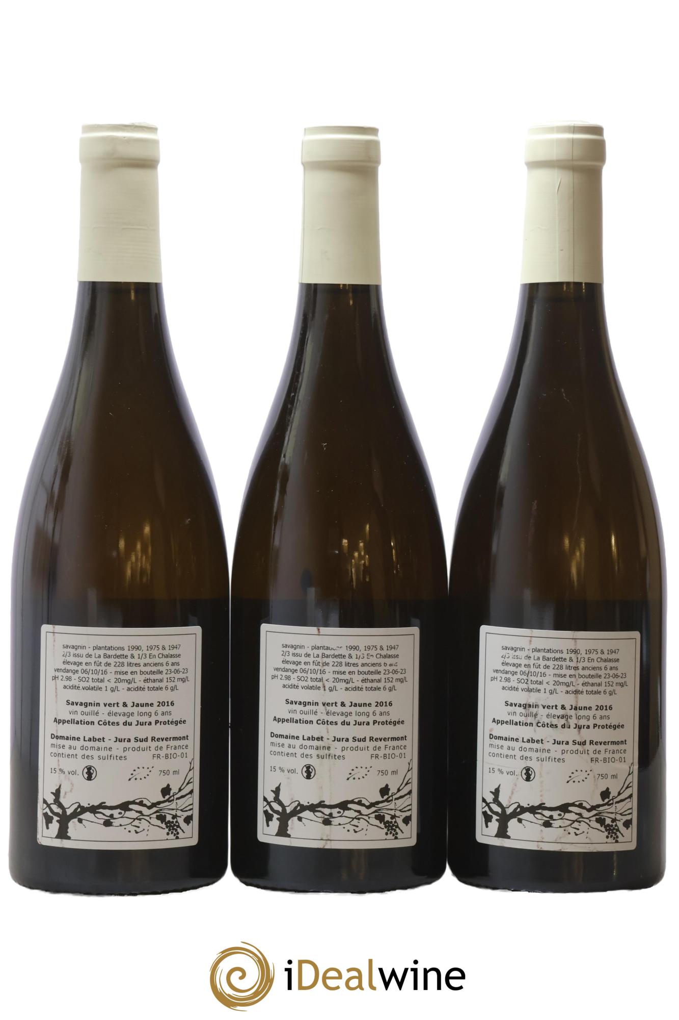 Côtes du Jura Savagnin vert & jaune élevage long Romain - Julien - Charline Labet 2016 - Lot de 3 bouteilles - 1