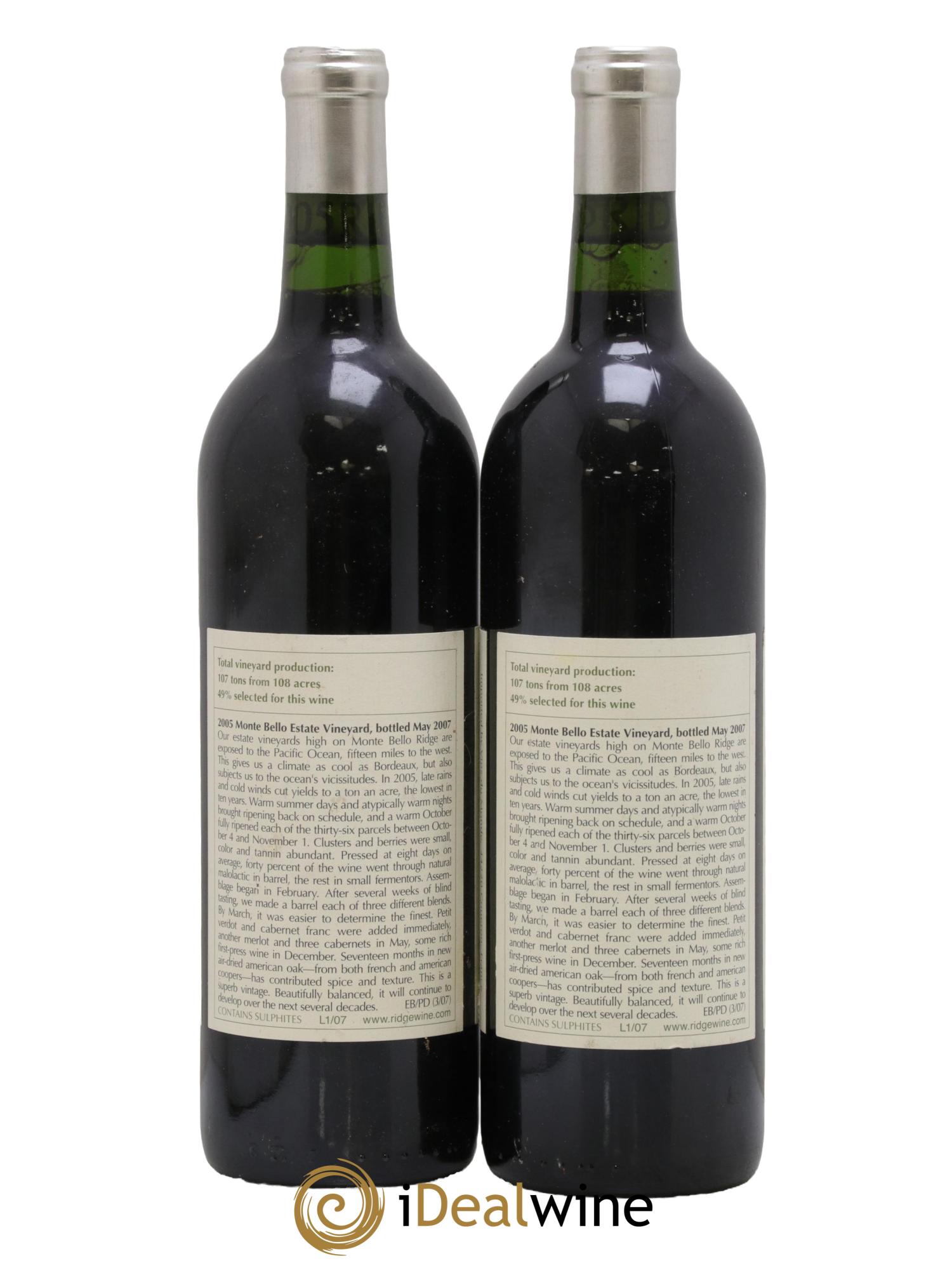 Santa Cruz Mountains Monte Bello Ridge Vineyards 2005 - Lot de 2 bouteilles - 1