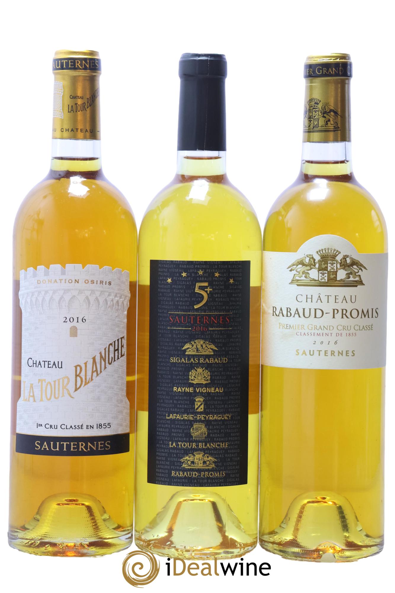 Sauternes Caisse assortiement Sauternes 1 Sigalas Rabaud / 1 Rabaud Promis /1 Tour Blanche /1 Lafaurie Peyraguey /1 Rayne vigneau / 1 assemblage des 5 chateaux 2016 - Lot de 6 bouteilles - 1