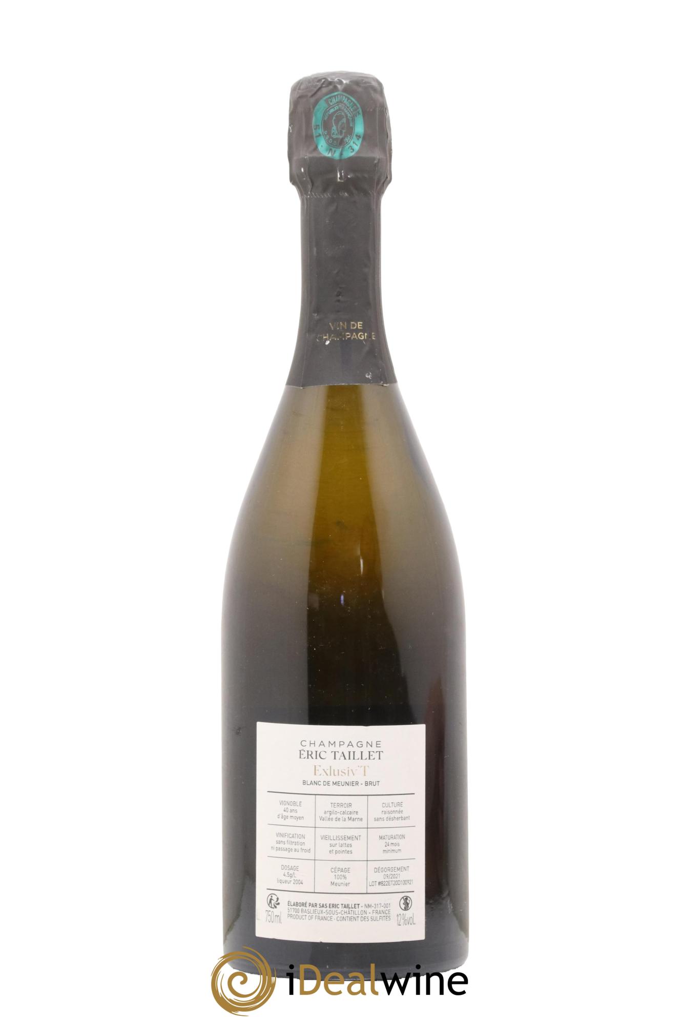 Champagne Brut Blanc de Meunier Exclusiv "T" Eric Taillet - Lot de 1 bouteille - 1