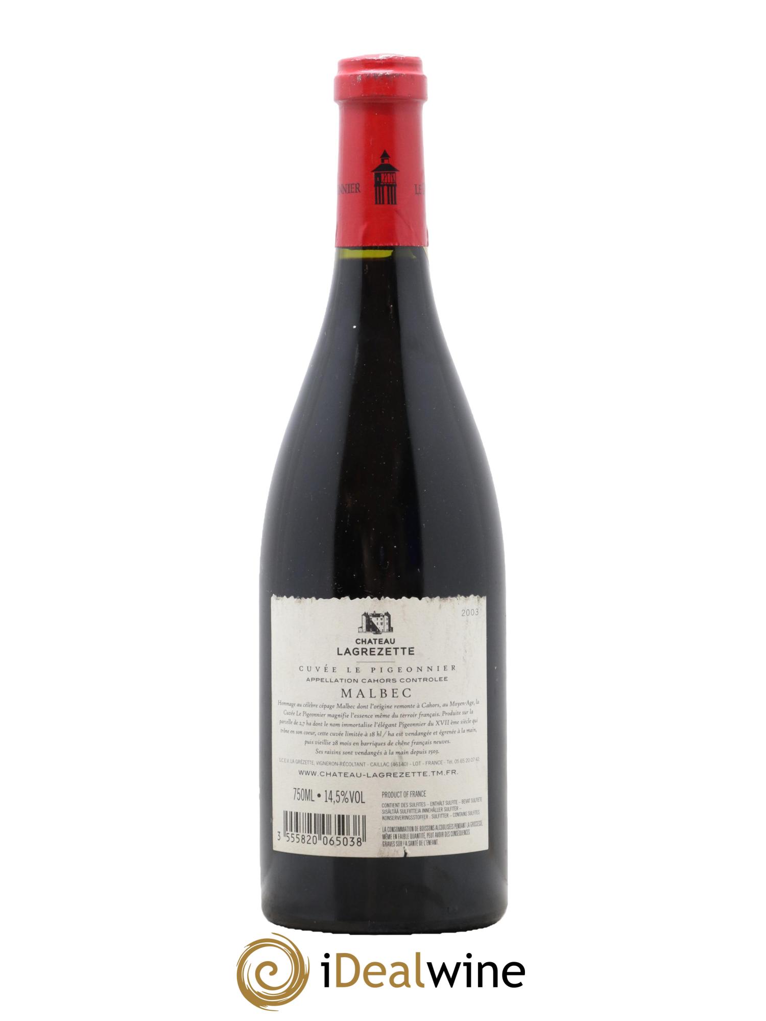 Cahors Château Lagrezette Le Pigeonnier Alain Dominique Perrin 2003 - Lot de 1 bouteille - 1
