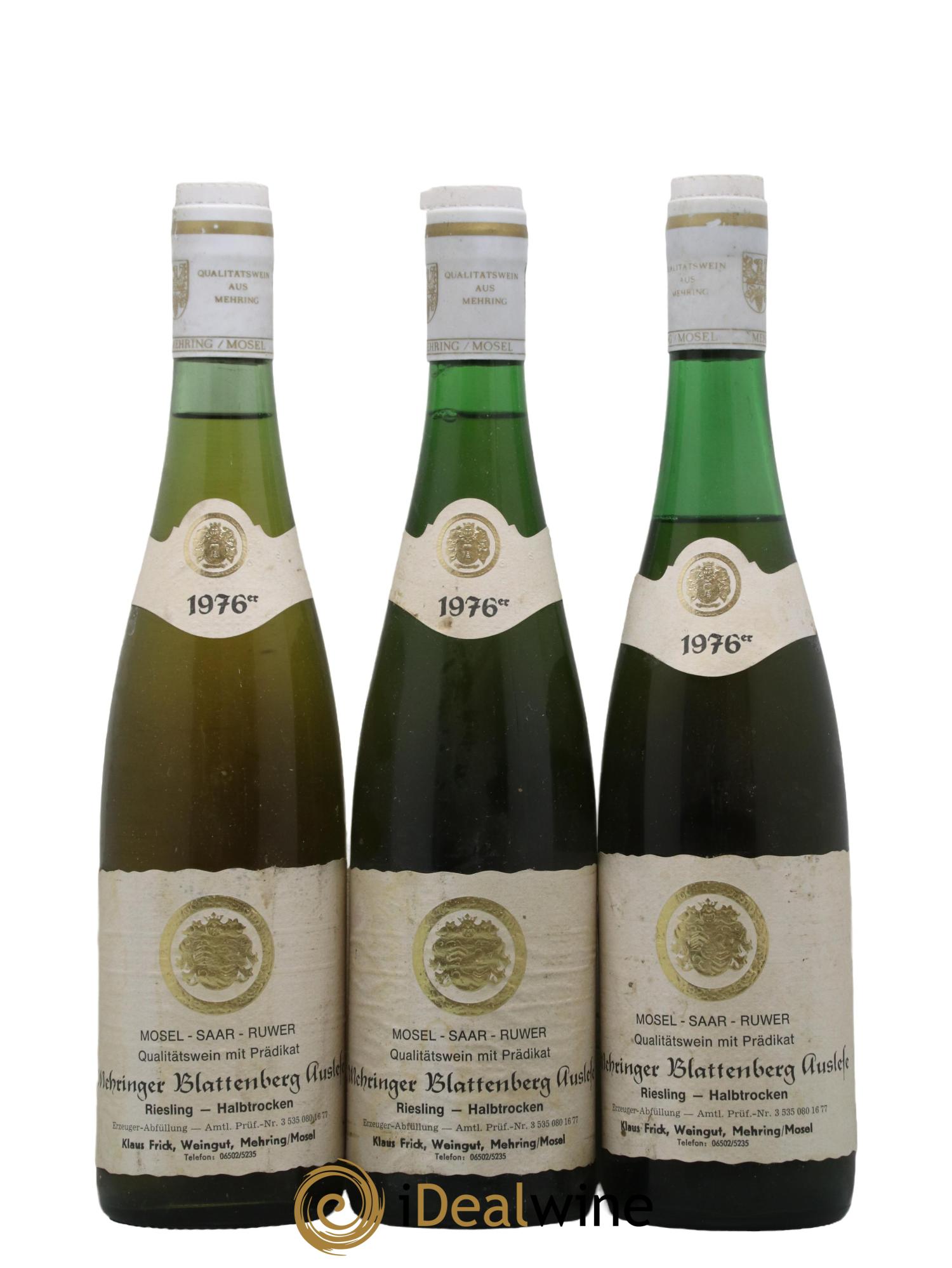 Allemagne Mosel-Saar Riesling Halbtrocken Mehringer Blattenberg Auslese Klaus Frick Weingut 1976 - Lot de 3 bouteilles - 0