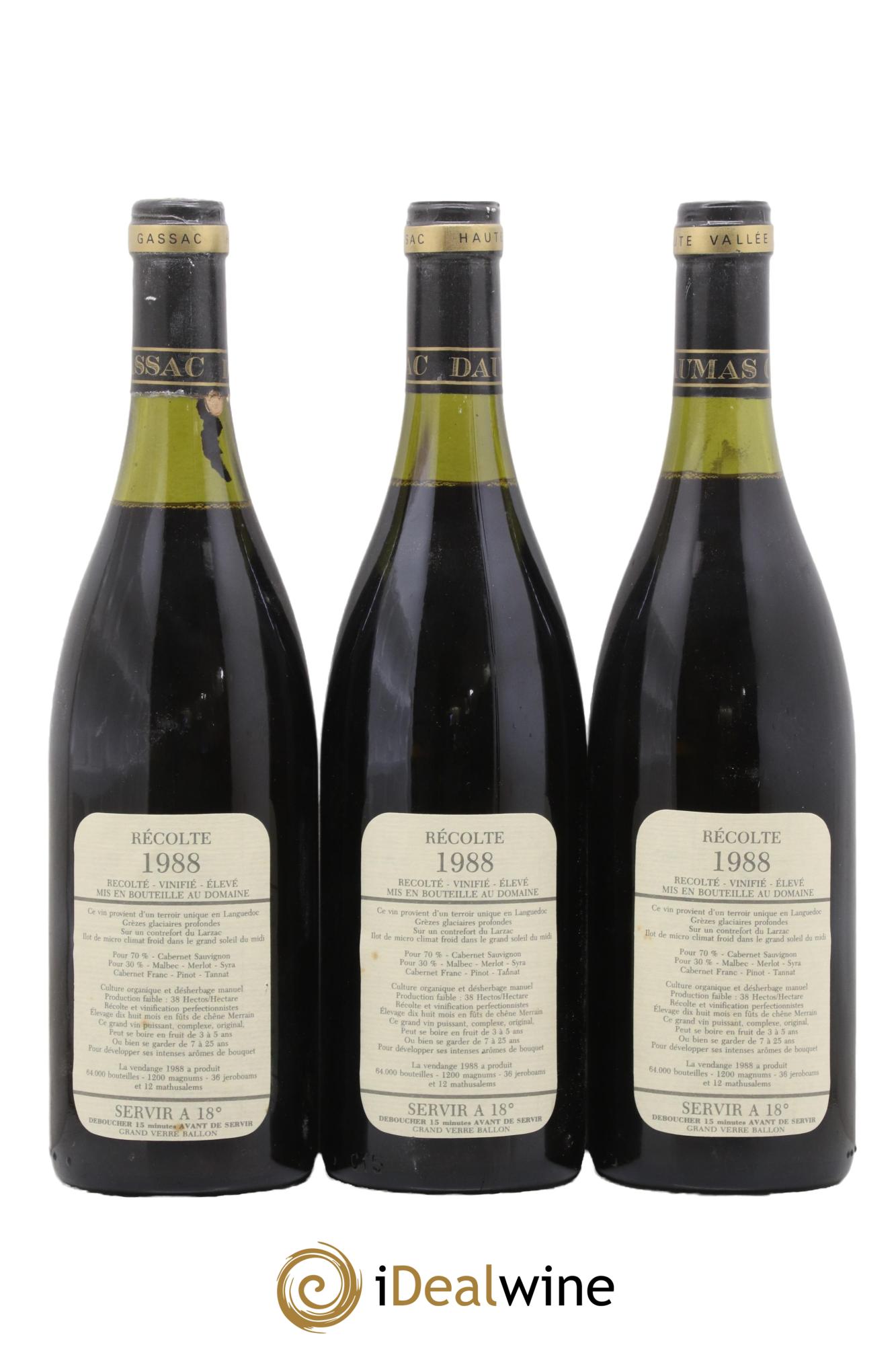 Saint-Guilhem-le-Désert - Cité d'Aniane Mas Daumas Gassac Famille Guibert de La Vaissière 1988 - Lot de 3 bouteilles - 1