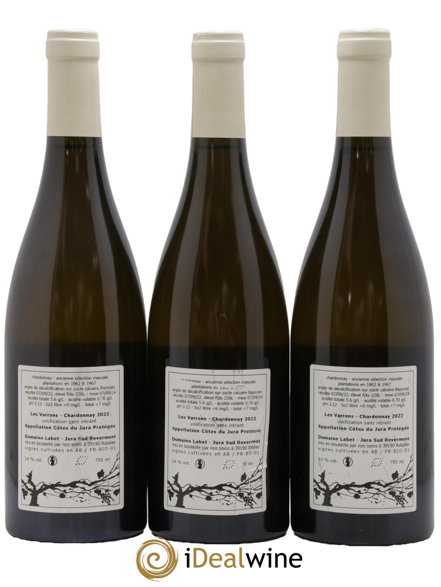Côtes du Jura Chardonnay Les Varrons Romain - Julien - Charline Labet 2022 - Lot de 3 bouteilles - 1