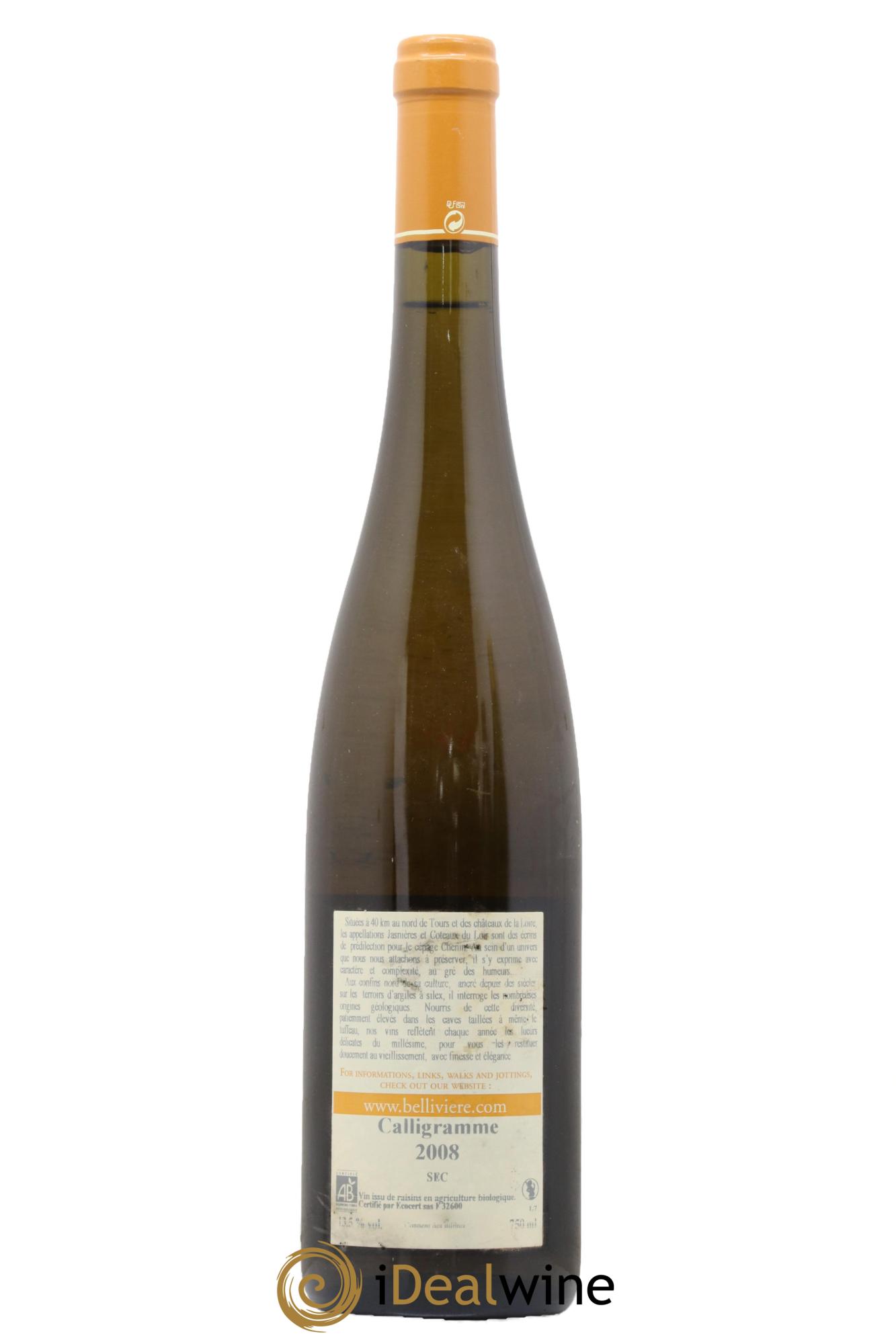 Jasnières Calligramme Domaine de Bellivière 2008 - Lot de 1 bouteille - 1