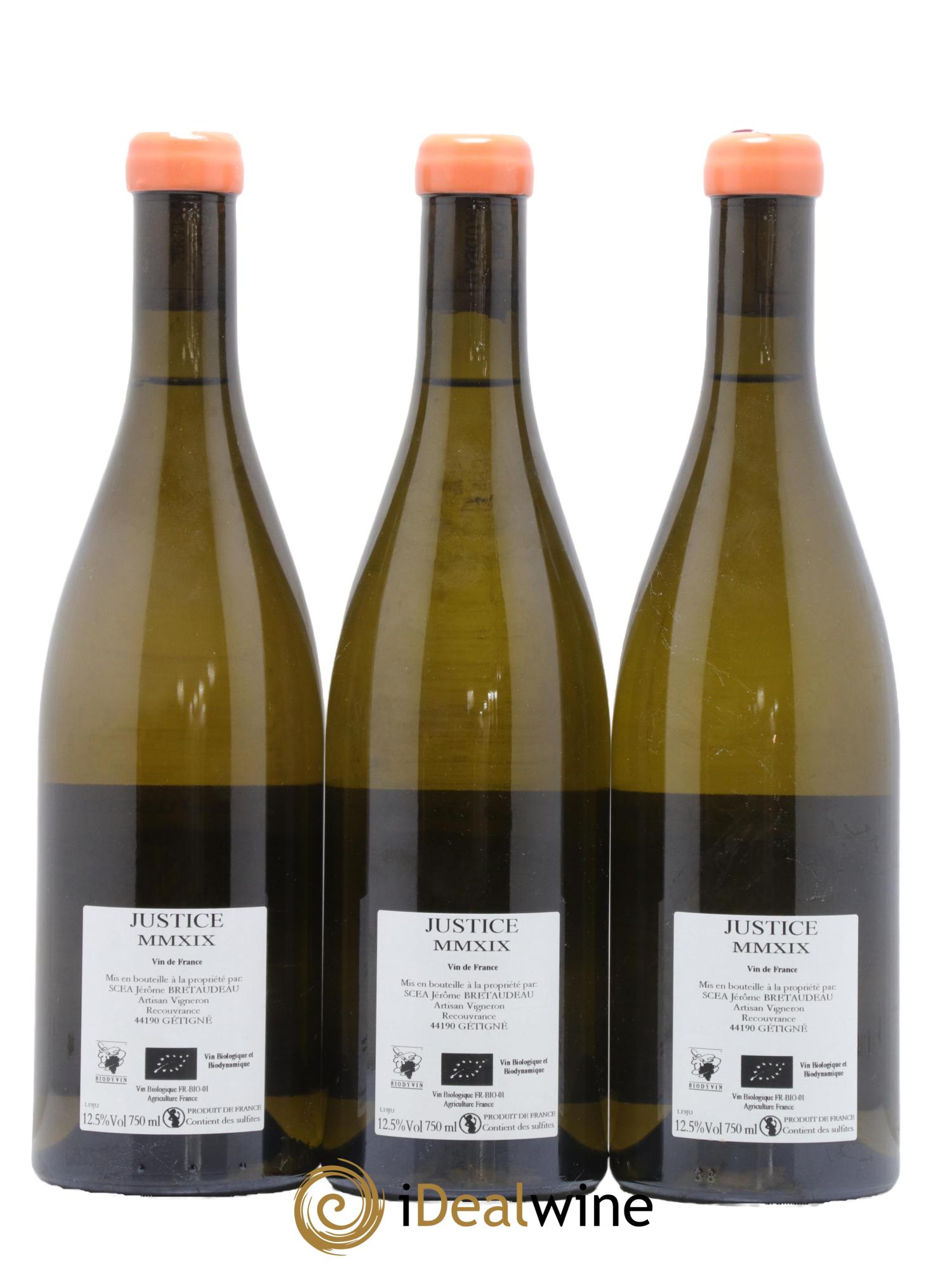 Muscadet-Sèvre-et-Maine Justice Jérôme Bretaudeau - Bellevue (Domaine de) 2019 - Lot de 3 bouteilles - 1