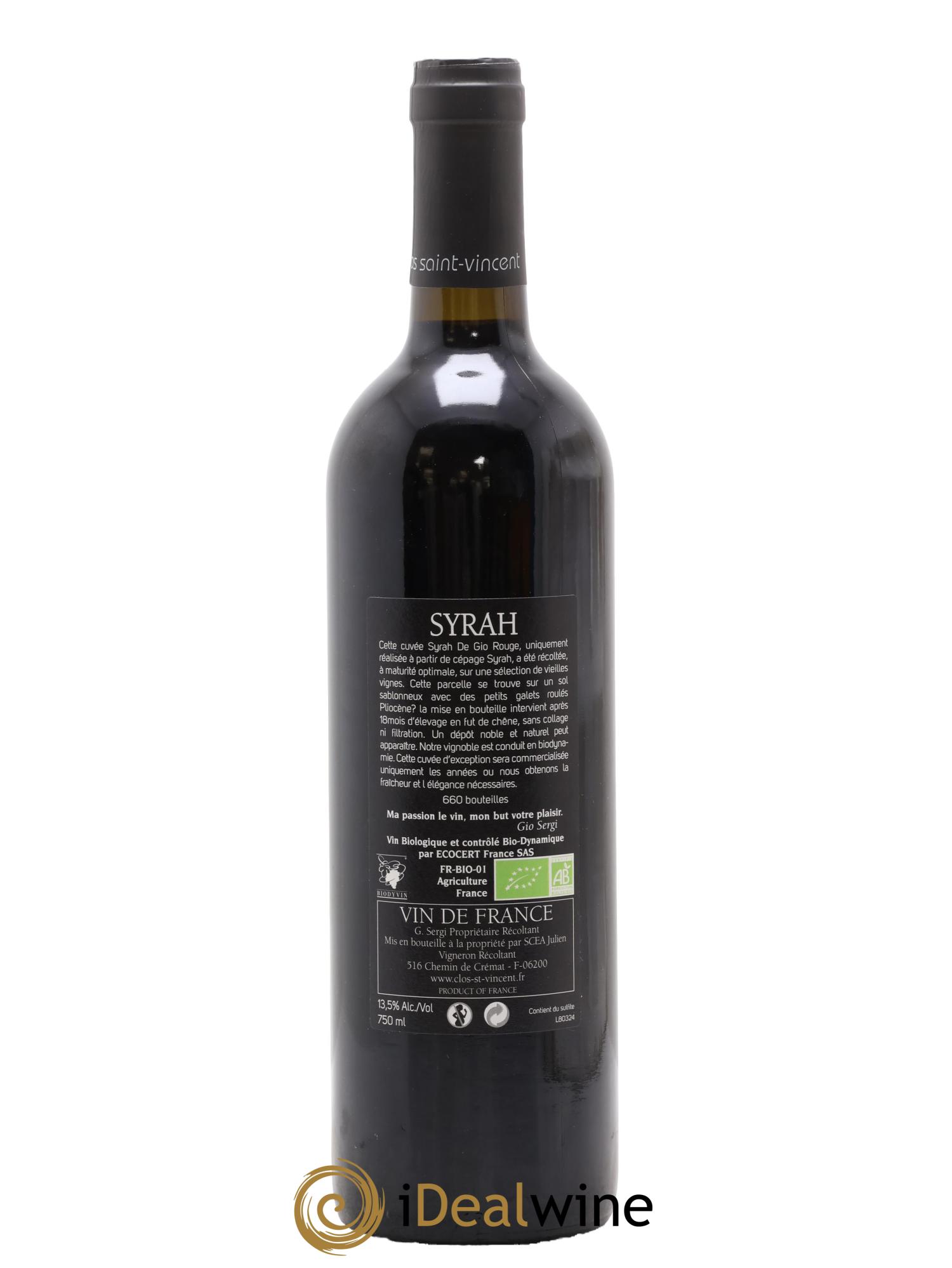 Vin de France Syrah de Gio Saint Vincent 2022 - Posten von 1 Flasche - 1