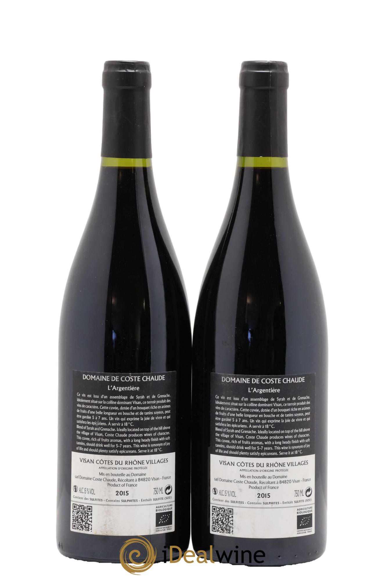 Côtes-du-Rhône L'Argentiere Domaine Coste Chaude 2015 - Lot de 2 bouteilles - 1