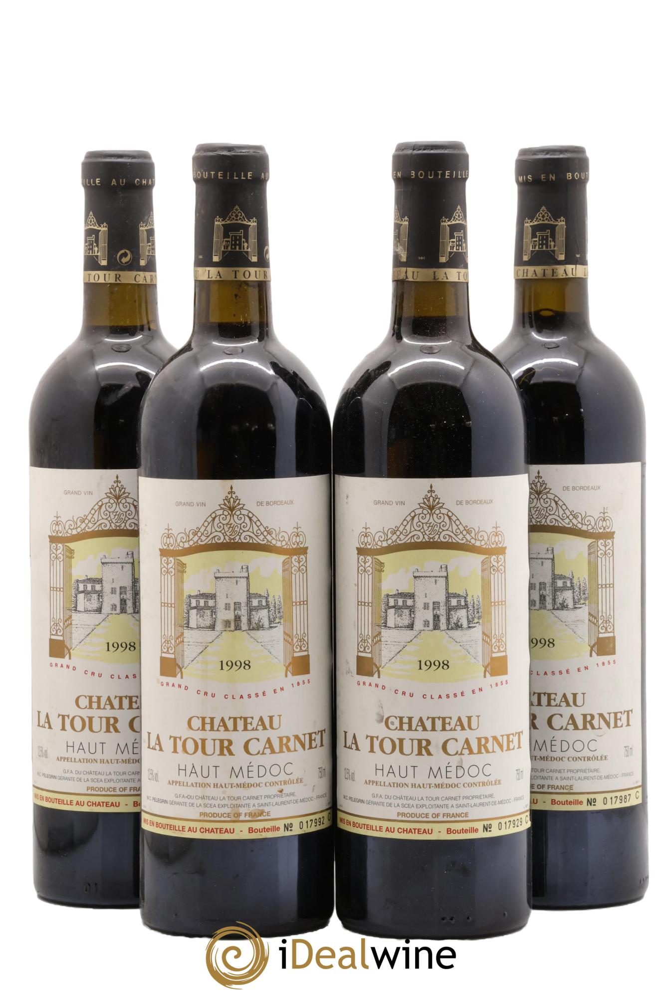 Château la Tour Carnet 4ème Grand Cru Classé 1998 - Lot de 4 bouteilles - 0