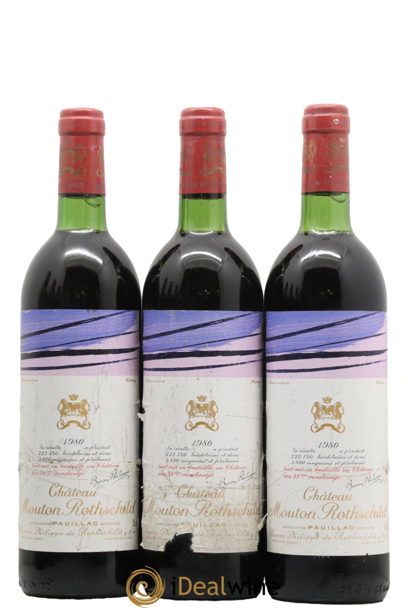 Château Mouton Rothschild 1er Grand Cru Classé 1980 - Lot de 3 bouteilles - 0