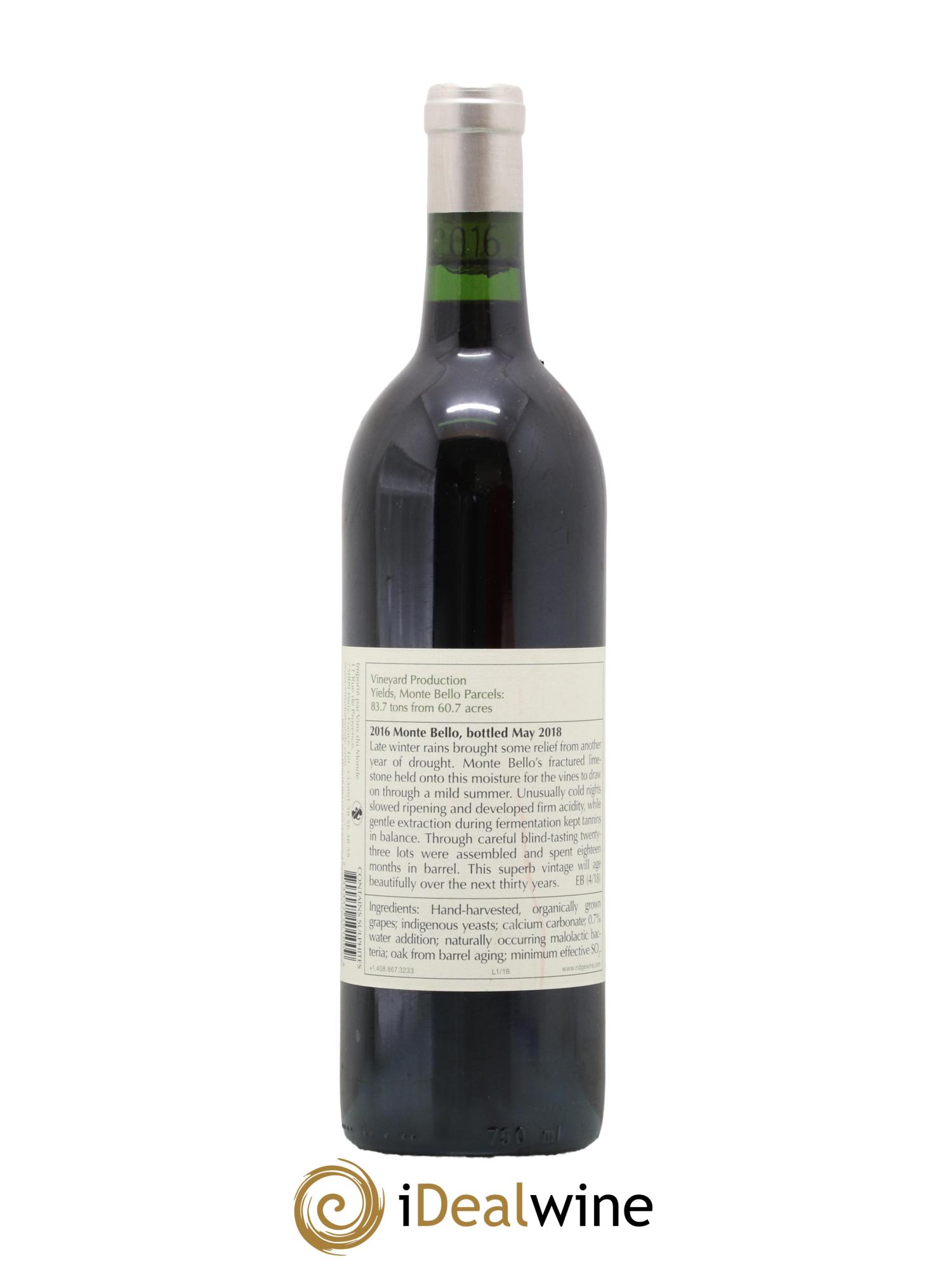 Santa Cruz Mountains Monte Bello Ridge Vineyards 2016 - Lot de 1 bouteille - 1
