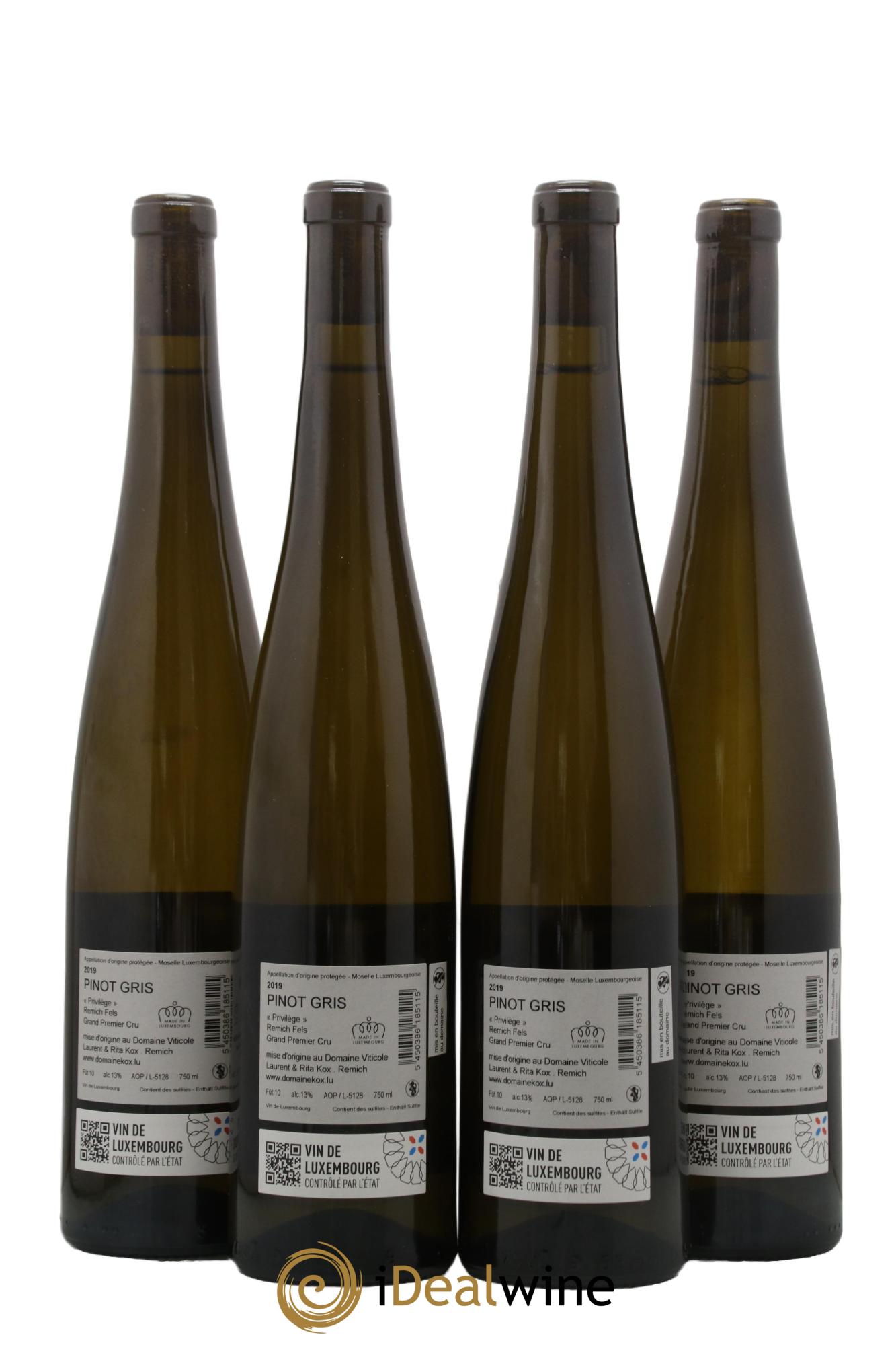 Vins Etrangers Luxembourg - Moselle - Grand 1er Cru Remich Fels Pinot Gris Privilège L&R KOX 2019 - Lotto di 4 bottiglie - 1
