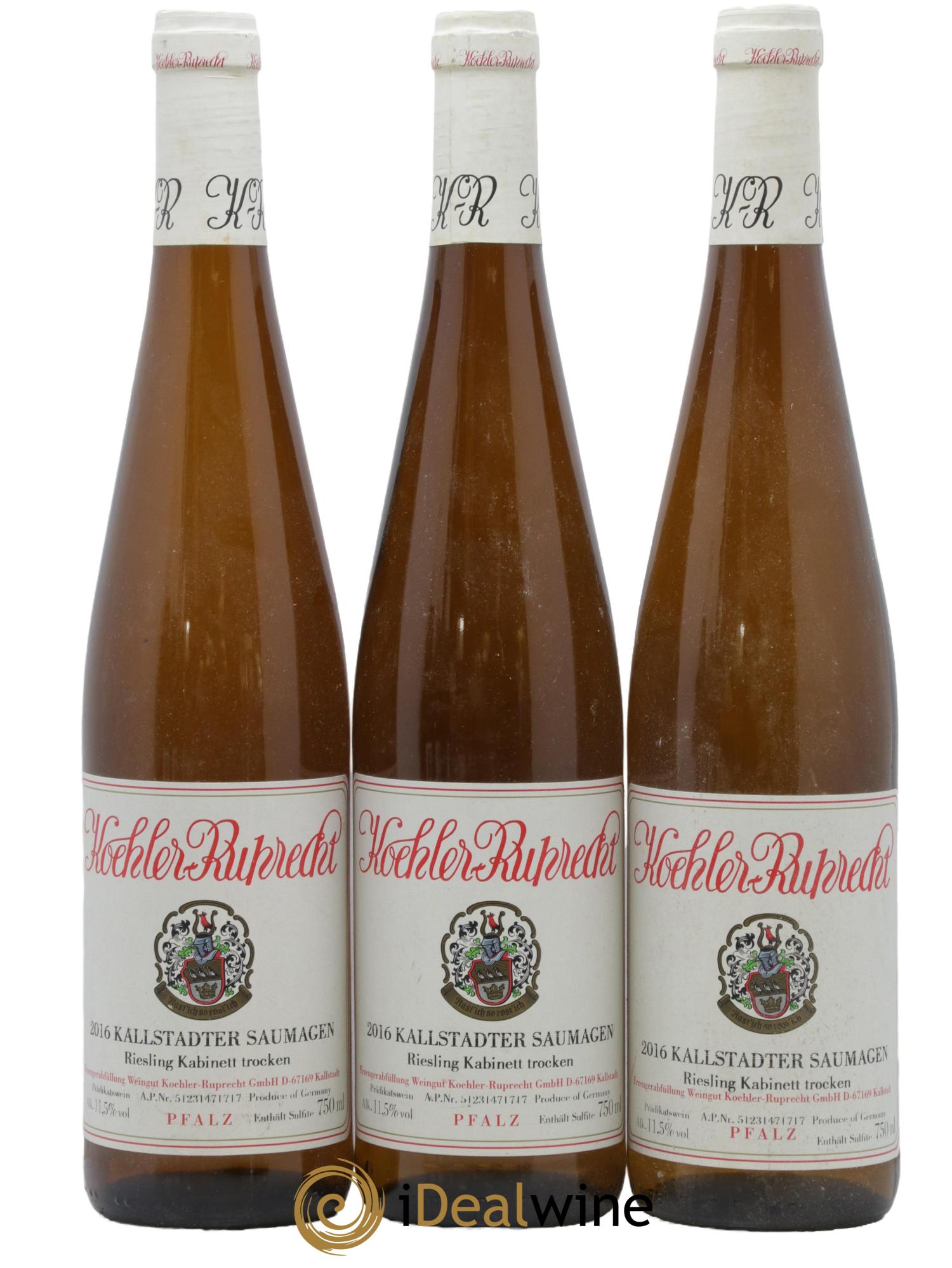 Allemagne Pfalz Pfalz Kallstadter Saumagen Riesling Kabinett Trocken Koehler Ruprecht 2016 - Lot de 3 bouteilles - 0
