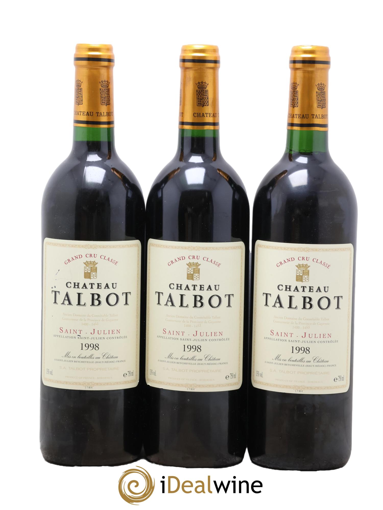 Château Talbot 4ème Grand Cru Classé 1998 - Lotto di 3 bottiglie - 0