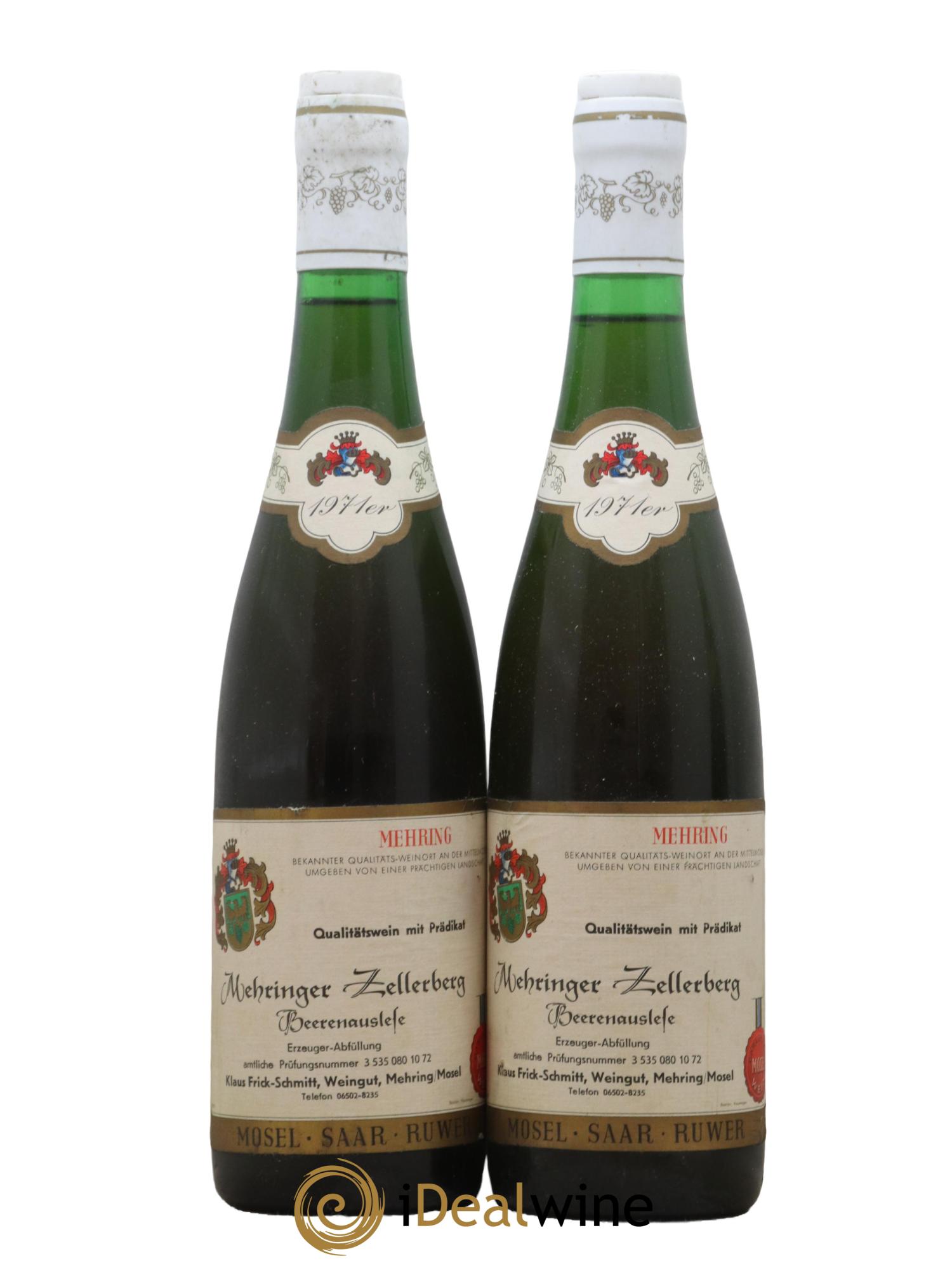 Allemagne Mosel-Saar Beerenauslese Mehringer Zellerberg Weingut Frick Schmitt 1971 - Lot de 2 bouteilles - 0