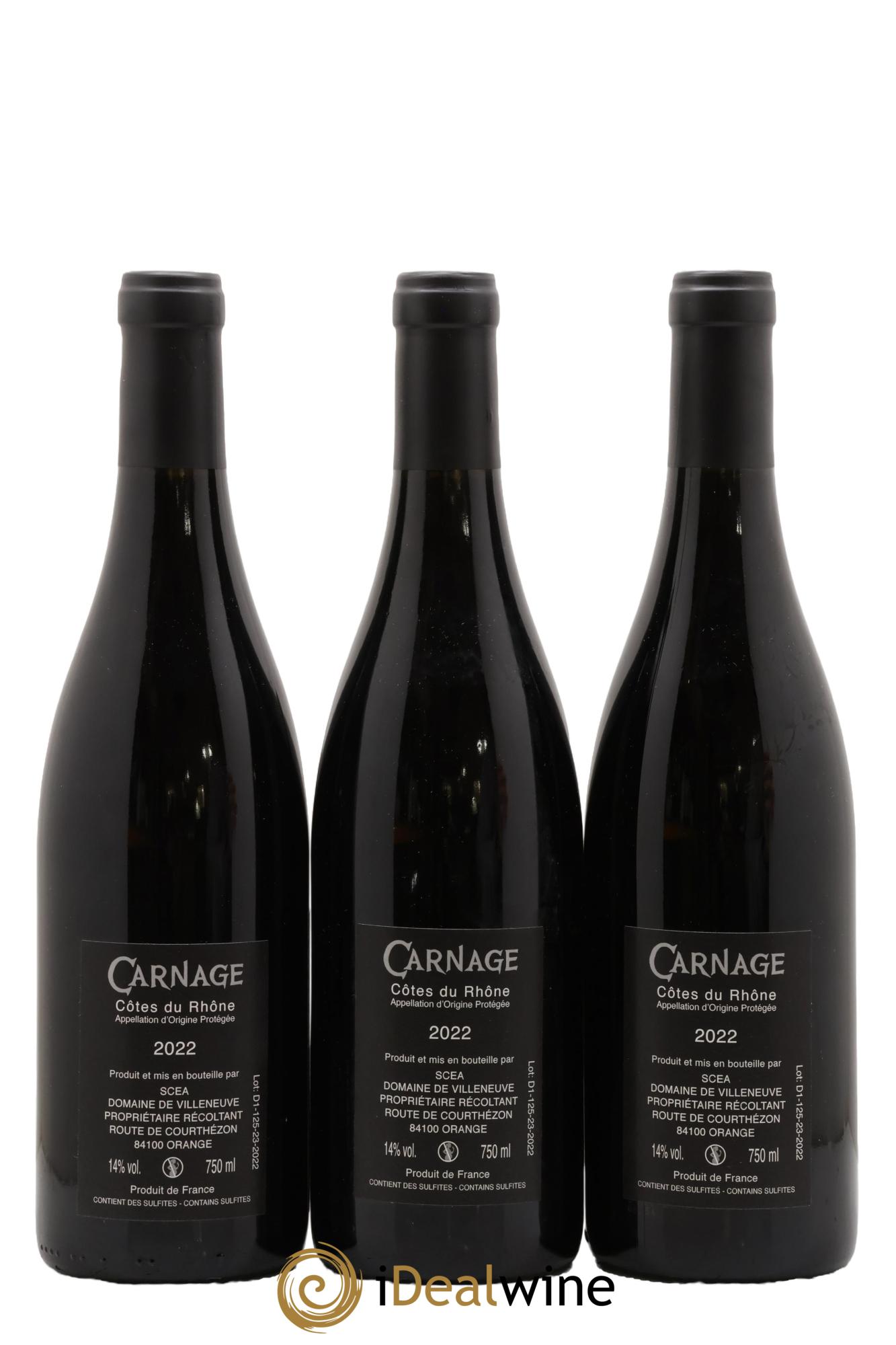 Côtes-du-Rhône Carnage Domaine Villeneuve 2022 - Lote de 3 botellas - 1