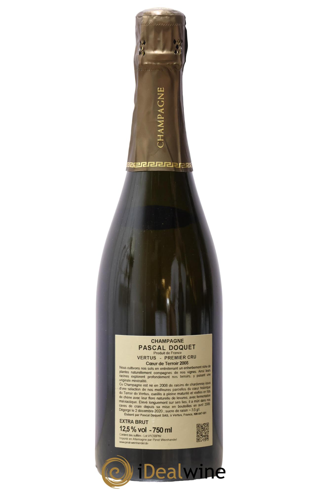 Champagne Premier Cru  - Vertus Coeur de Terroir - Pascal Docquet 2008 - Lot de 1 bouteille - 1