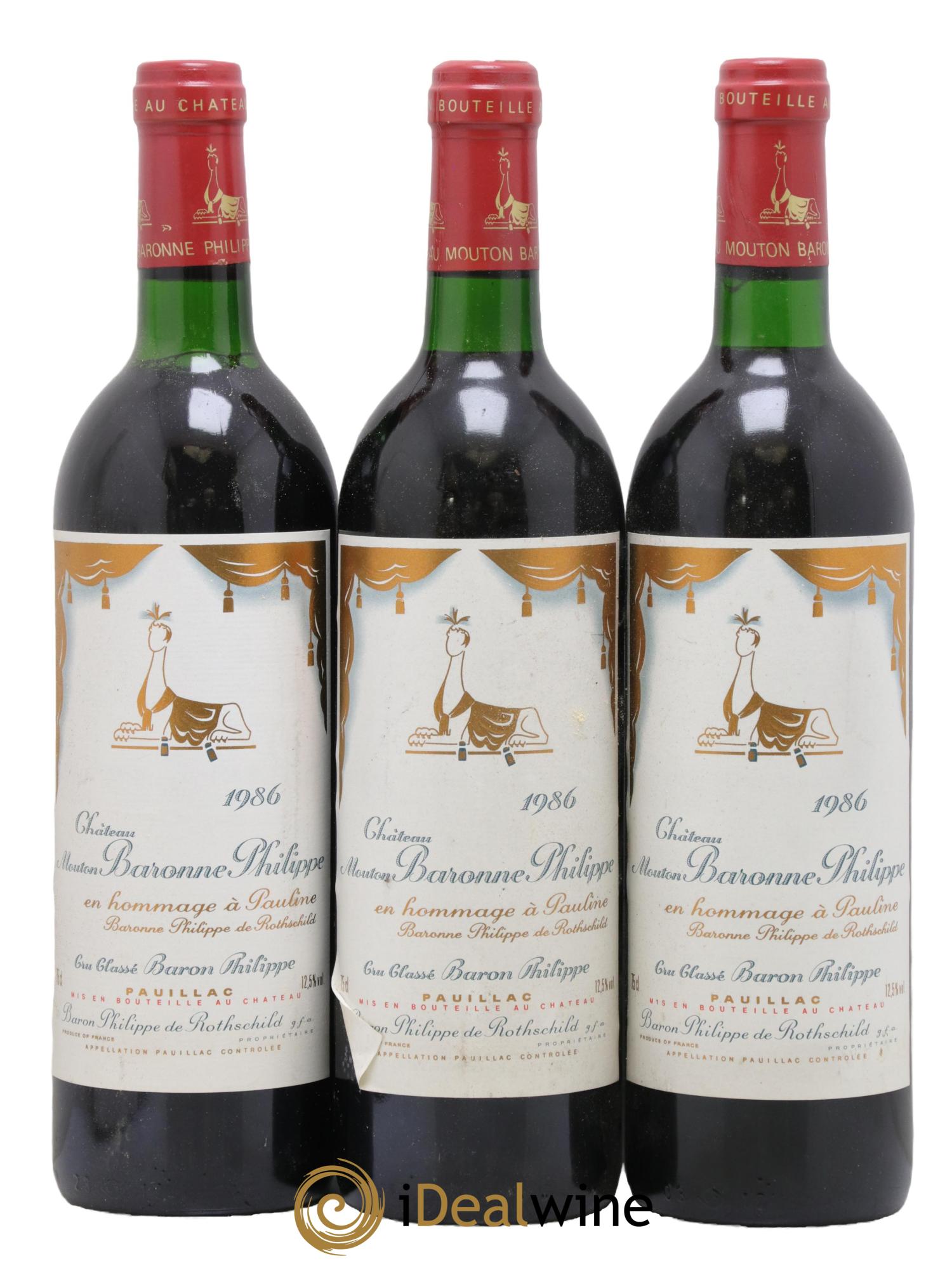Pauillac Château Mouton Baronne Philippe Rothschild 1986 - Lot de 3 bouteilles - 0