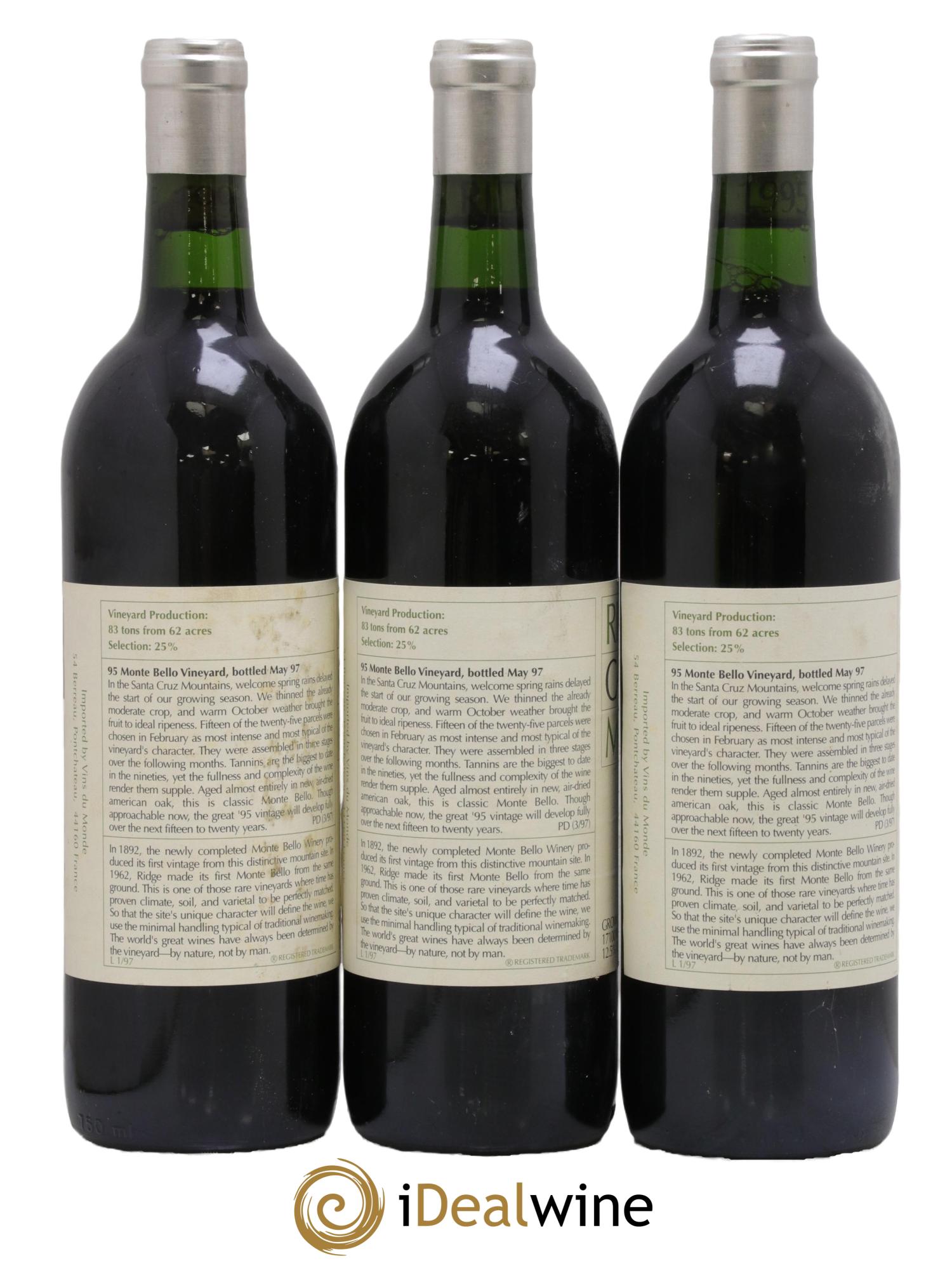Santa Cruz Mountains Monte Bello Ridge Vineyards 1995 - Lot de 3 bouteilles - 1
