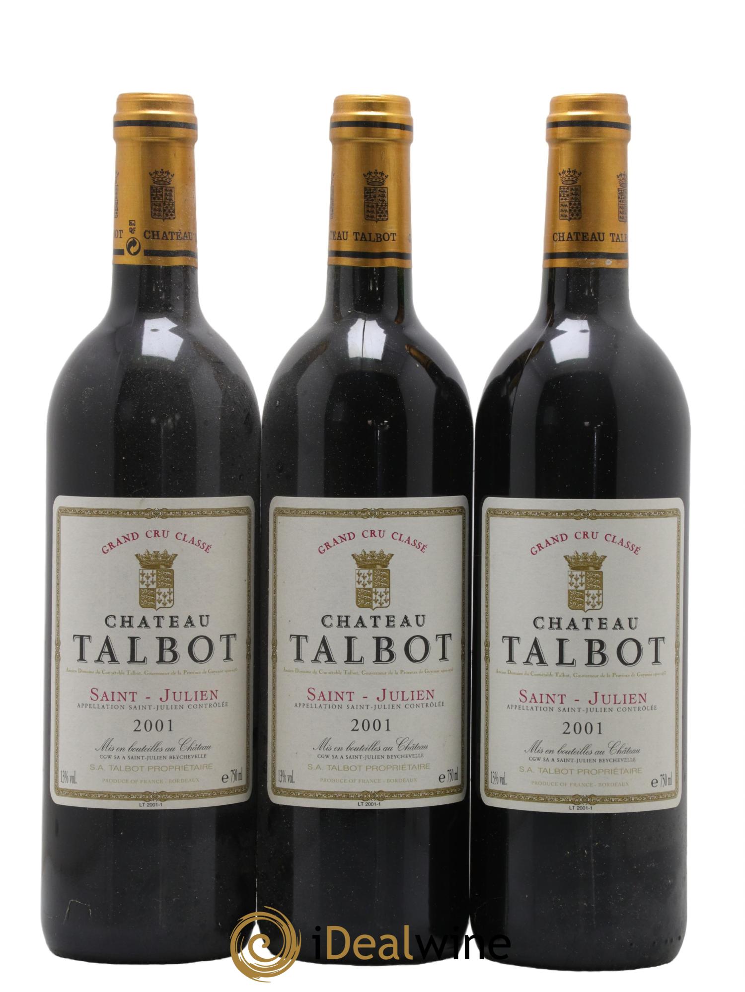 Château Talbot 4ème Grand Cru Classé 2001 - Lot de 3 bouteilles - 0