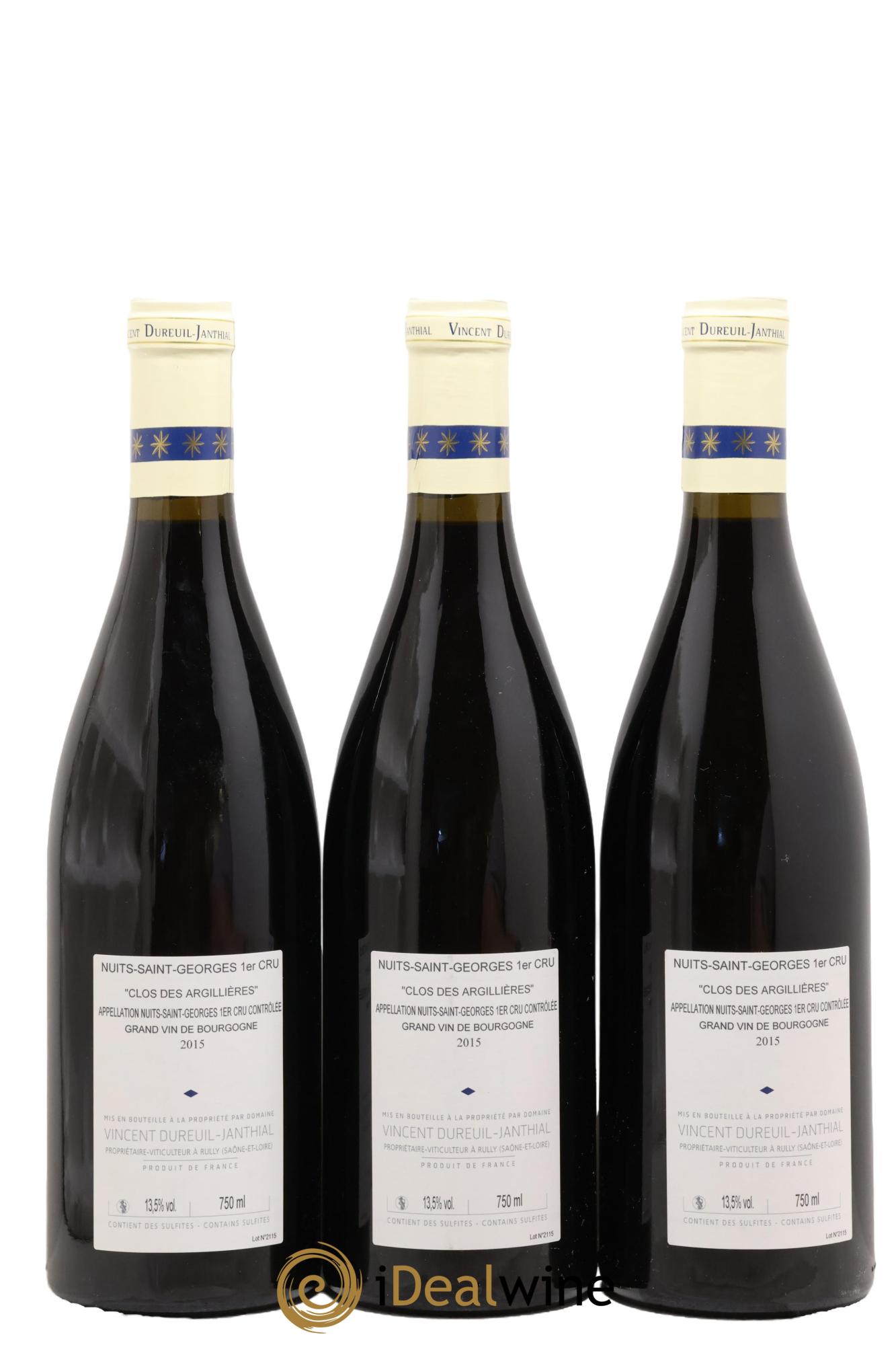 Nuits-Saint-Georges 1er Cru Clos des Argillières Vincent Dureuil-Janthial 2015 - Lotto di 3 bottiglie - 1