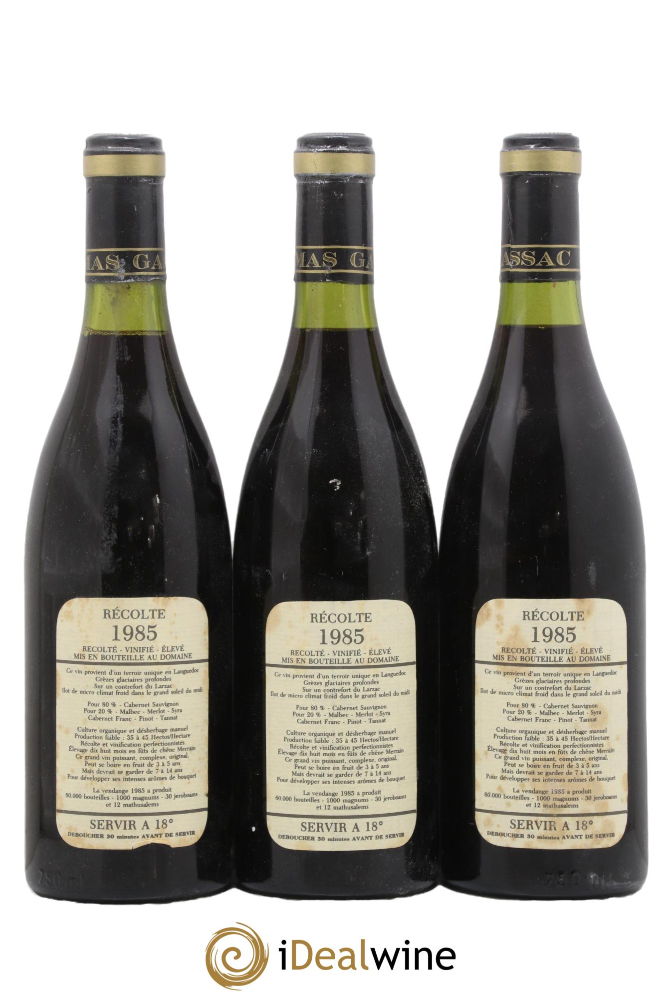 IGP St Guilhem-le-Désert - Cité d'Aniane Mas Daumas Gassac Famille Guibert de La Vaissière 1985 - Lot of 3 bottles - 1