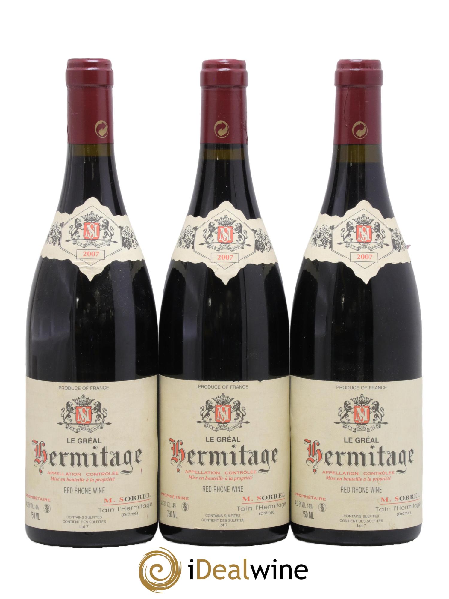 Hermitage Le Gréal Marc Sorrel  2007 - Lot of 3 bottles - 0