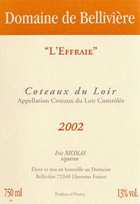 Wine label Coteaux du Loir L'Effraie Domaine de Bellivière 2014