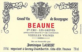 Etiquette du vin Beaune 1er Cru Les Grèves Vieilles Vignes Dominique Laurent 1999