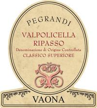 Etiquette du vin Valpolicella Classico Vaona DOC Pegrandi Ripasso 2013
