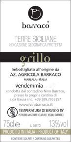 Etikette des Weins Terre Siciliane Nino Barraco IGT Grillo  2015
