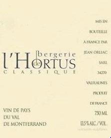 Etiquette du vin IGP Val de Montferrand L'Hortus Bergerie de l'Hortus Classique Famille Orliac 2017