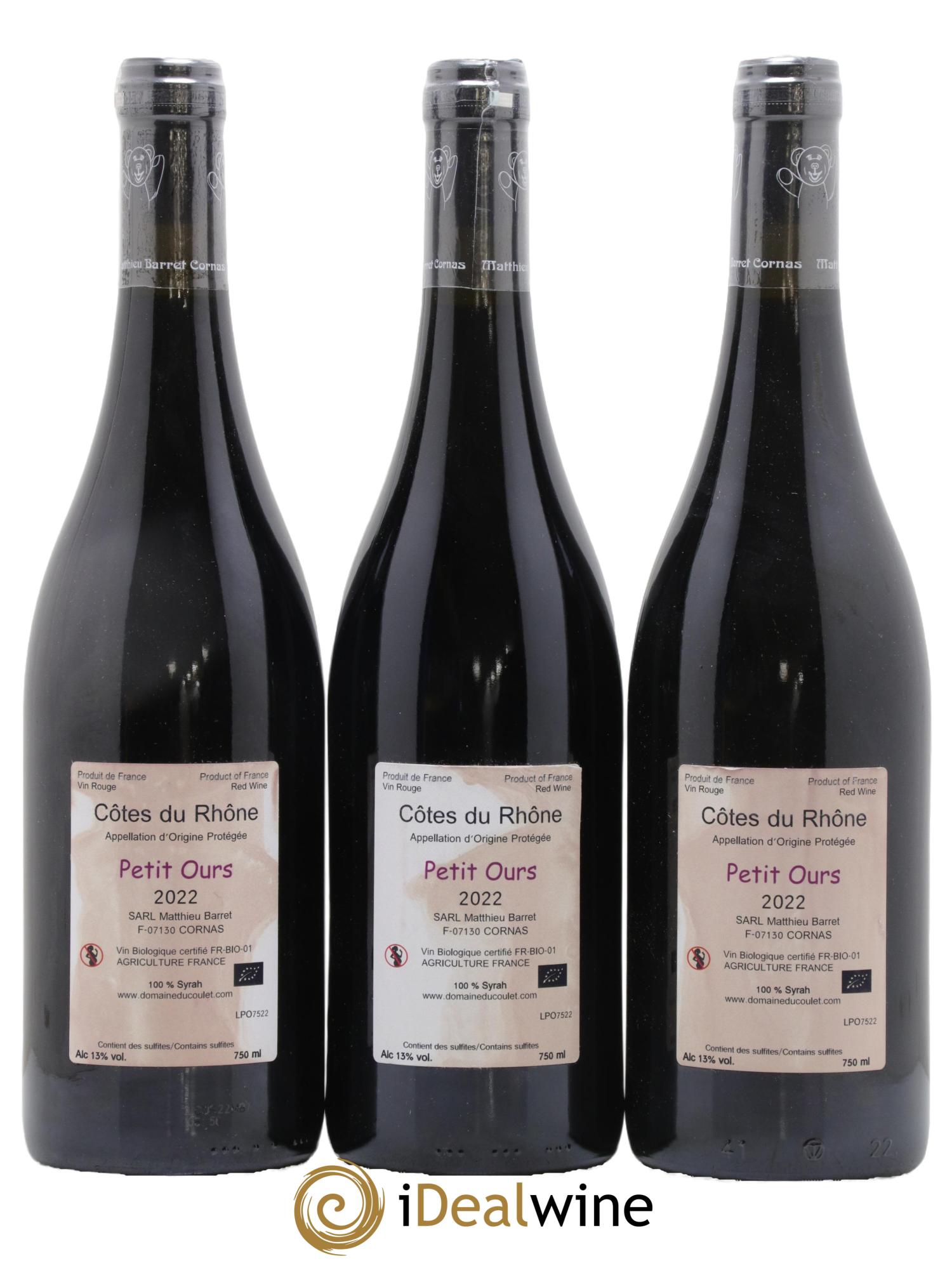 Côtes-du-Rhône Petit Ours Brun Coulet (Domaine du) - Matthieu Barret 2022 - Lotto di 3 bottiglie - 1