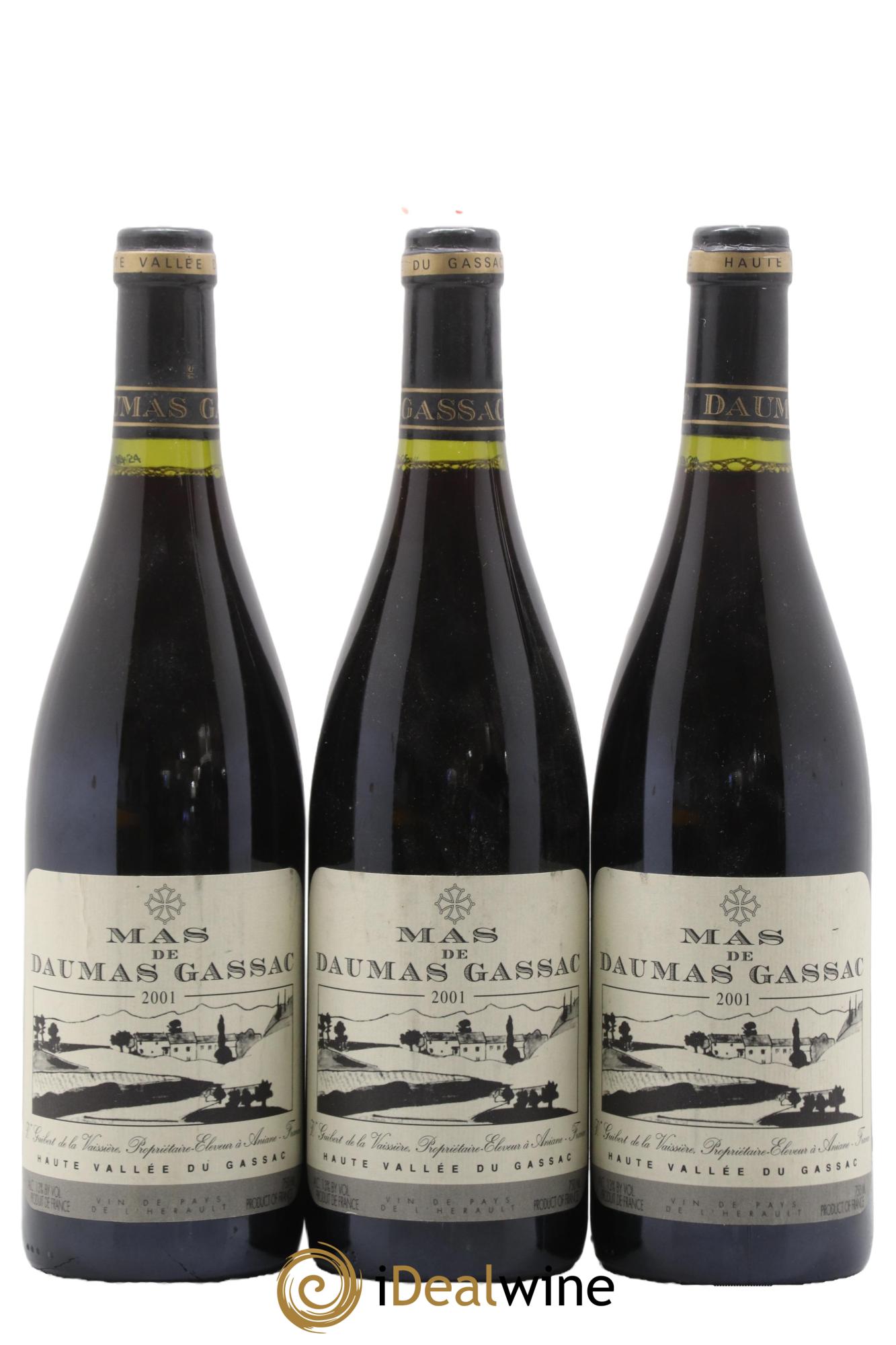 IGP St Guilhem-le-Désert - Cité d'Aniane Mas Daumas Gassac Famille Guibert de La Vaissière 2001 - Lot of 3 bottles - 0