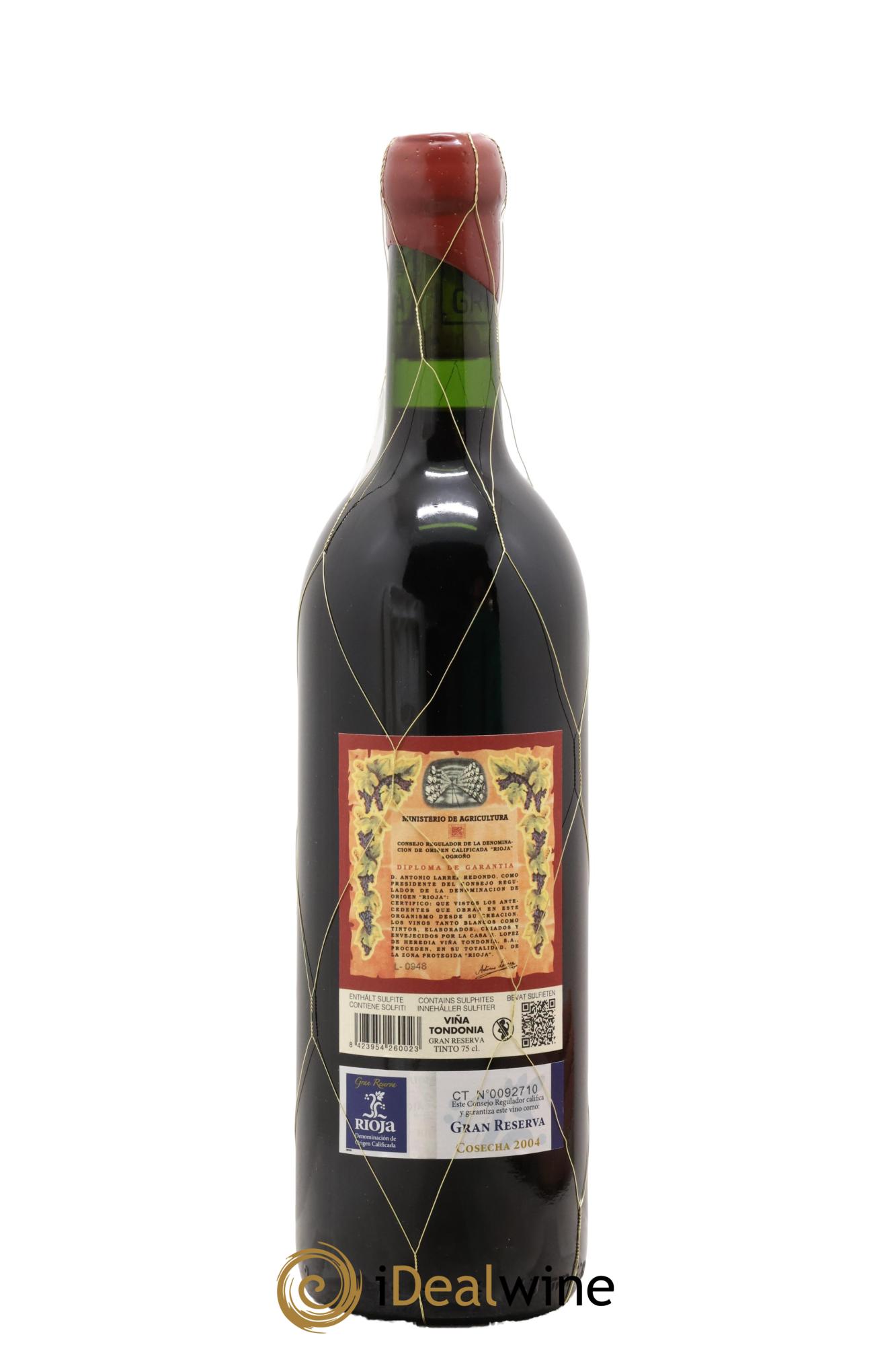 Rioja Gran Reserva Vina Tondonia R. Lopez de Heredia 2004 - Lot de 1 bouteille - 1
