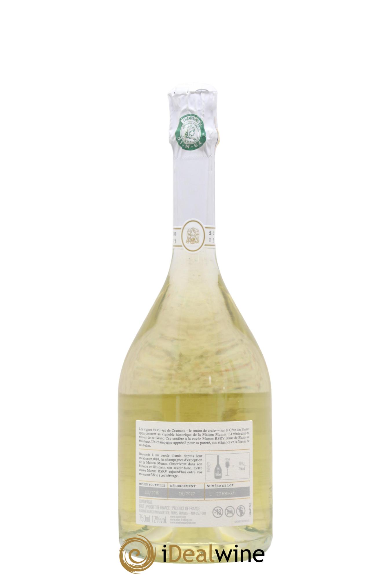 Champagne RSRV Brut Grand cru Blanc de Blancs Mumm 2015 - Posten von 1 Flasche - 1