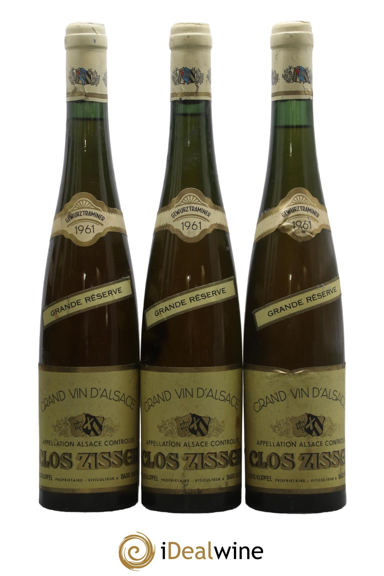 Alsace Gewurztraminer Clos Zissler Grande Réserve Louis Klipfel 1961 - Lot de 3 bouteilles - 0
