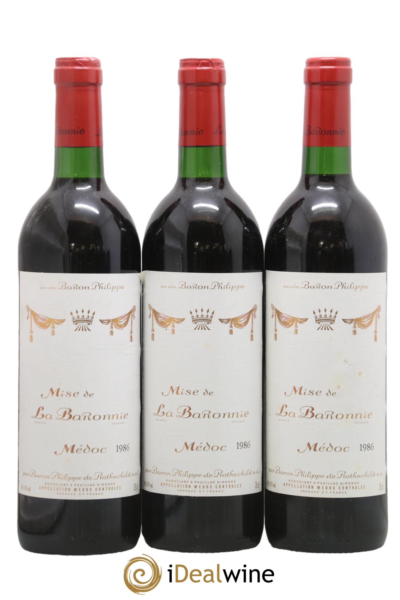 Médoc Mise de la Baronnie Rothschild 1986 - Lotto di 3 bottiglie - 0