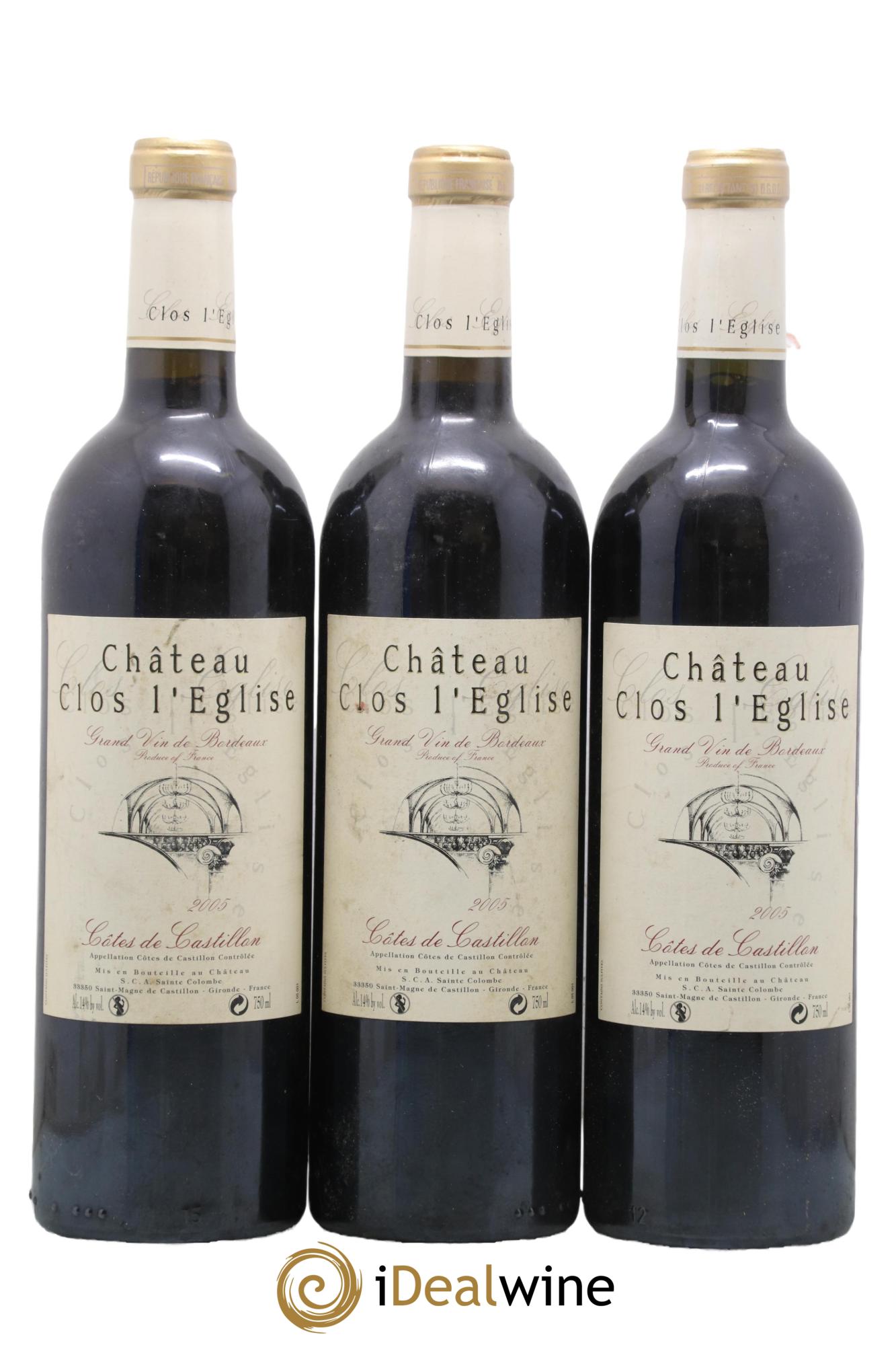 Castillon-Côtes-de-Bordeaux (Côtes-de-Castillon) Château Clos l'Eglise 2005 - Lotto di 3 bottiglie - 0
