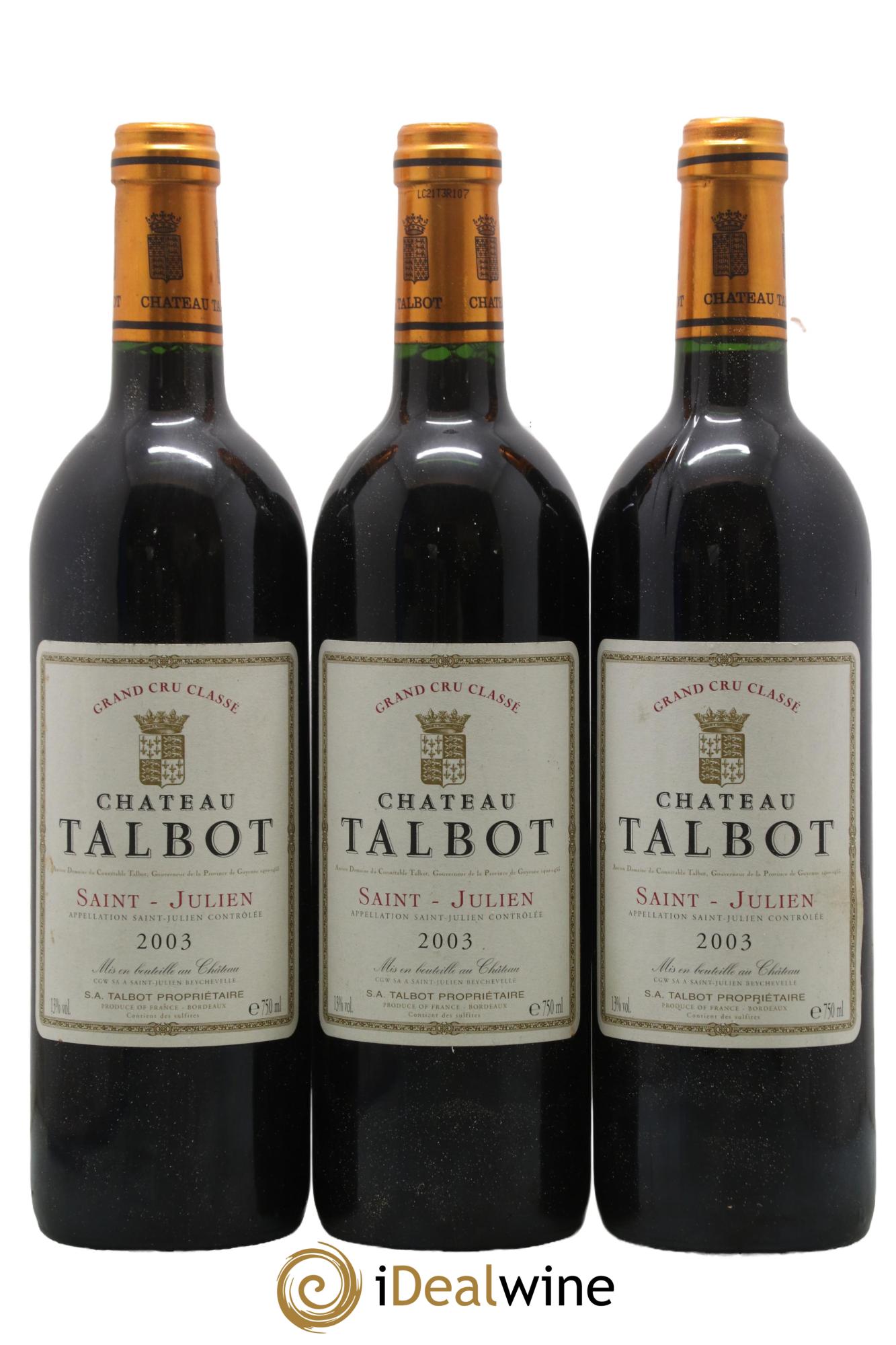 Château Talbot 4ème Grand Cru Classé 2003 - Lotto di 3 bottiglie - 0
