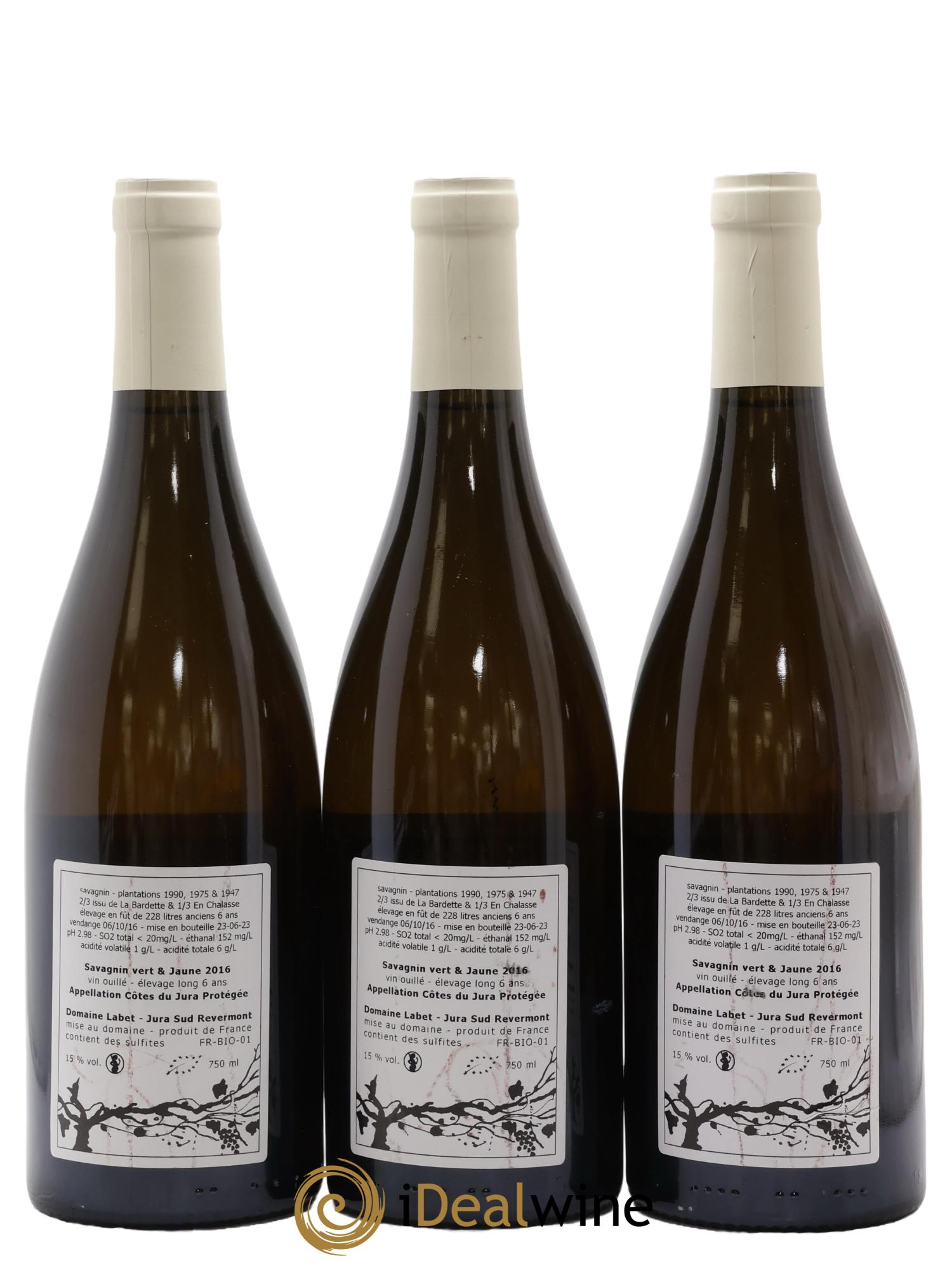 Côtes du Jura Savagnin vert & jaune élevage long Romain - Julien - Charline Labet 2016 - Lot de 3 bouteilles - 1