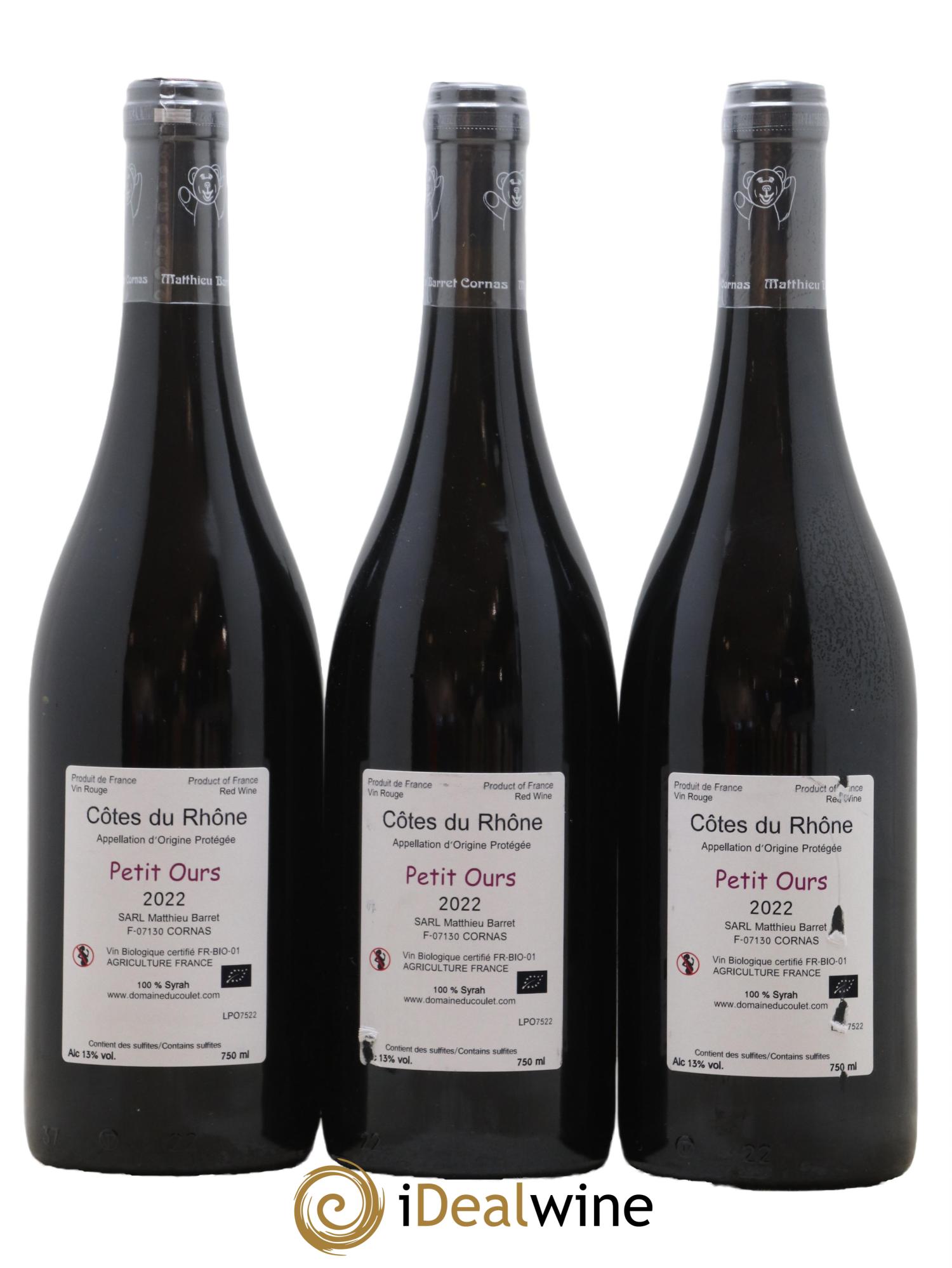 Côtes-du-Rhône Petit Ours Brun Coulet (Domaine du) - Matthieu Barret 2022 - Lotto di 3 bottiglie - 1
