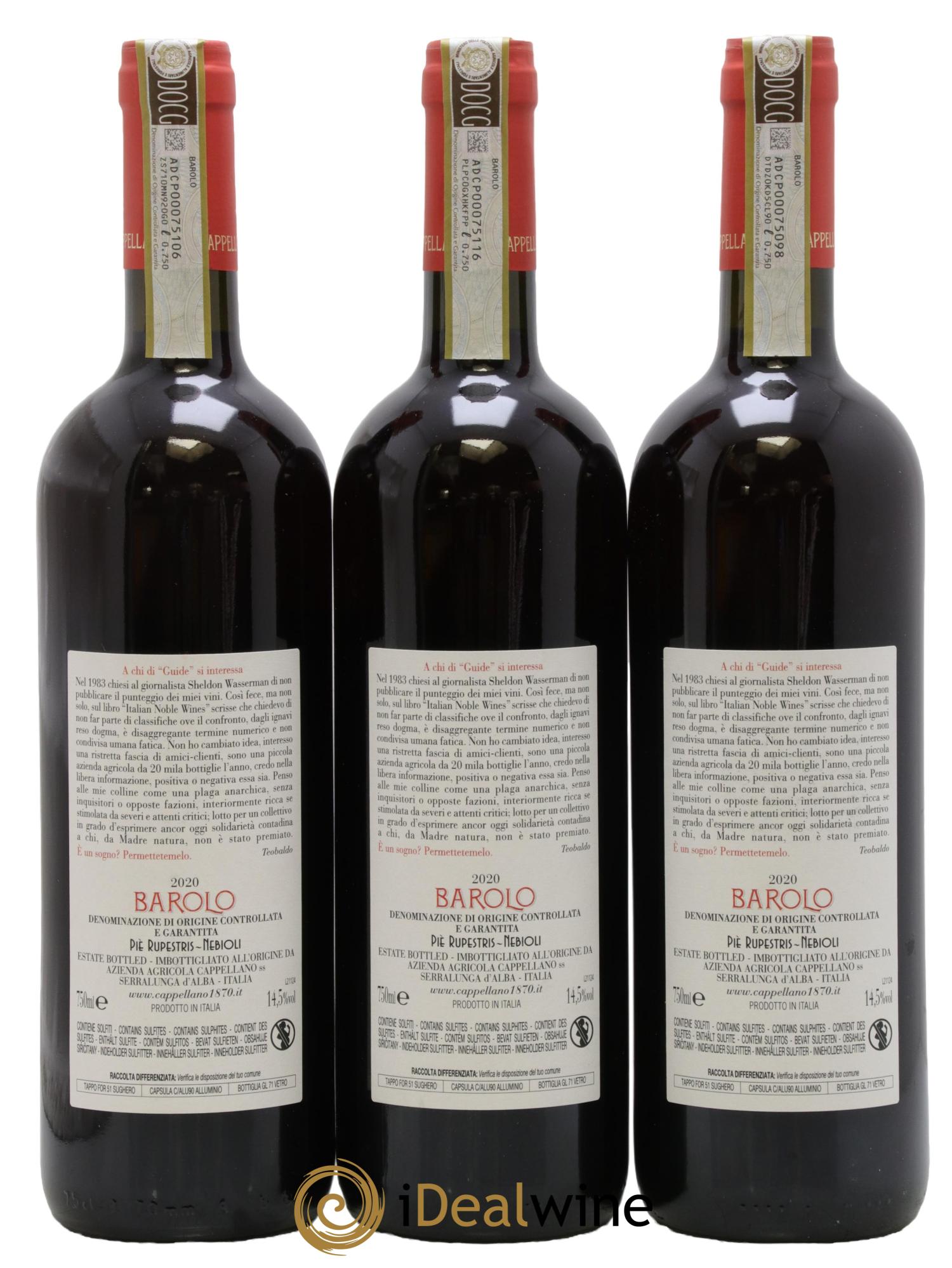 Barolo DOCG Pie Rupestris Cappellano 2020 - Lot of 3 bottles - 1