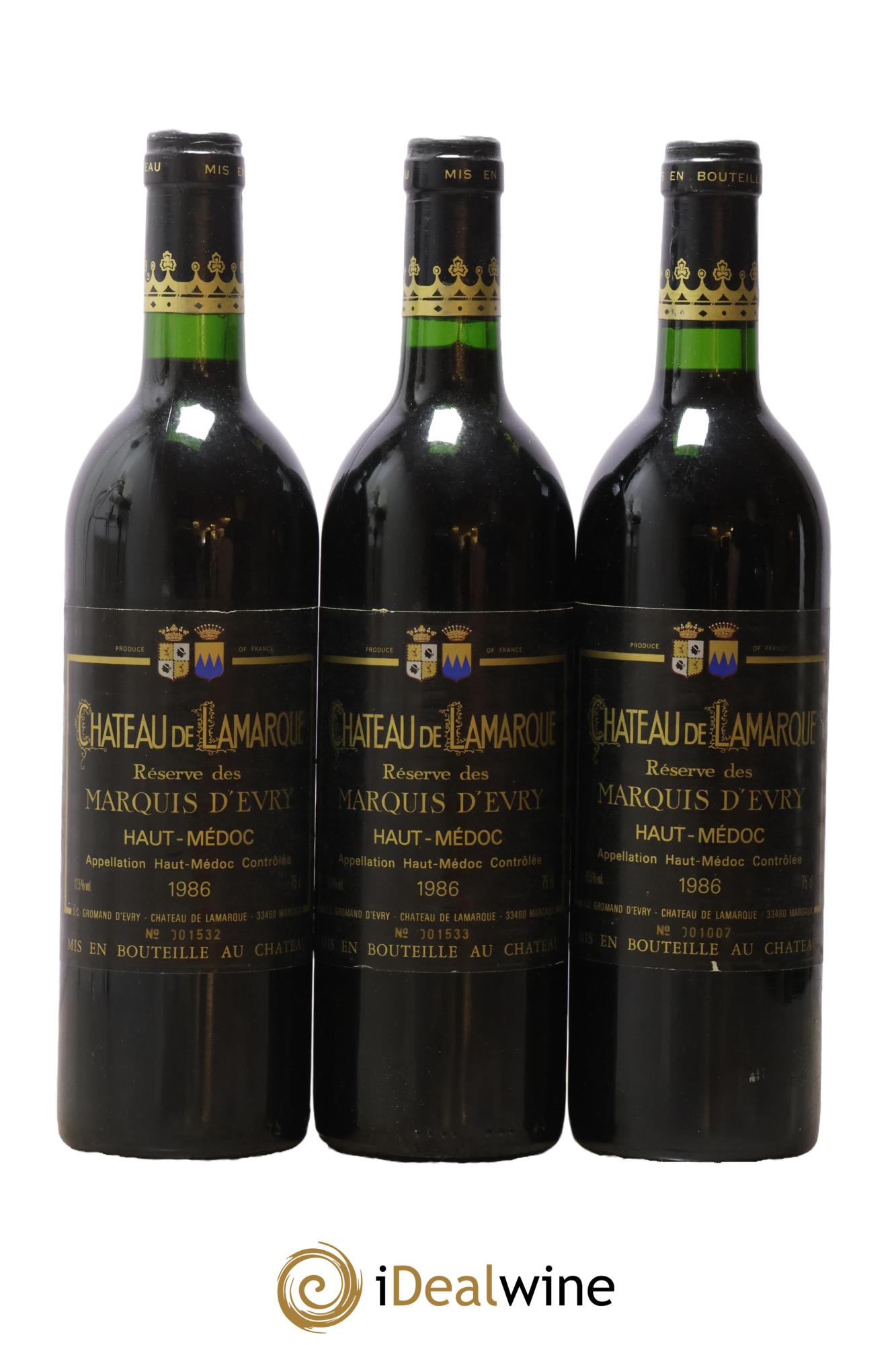 Château de Lamarque Cru Bourgeois Réserve des Marquis d'Evry 1986 - Posten von 3 Flaschen - 0