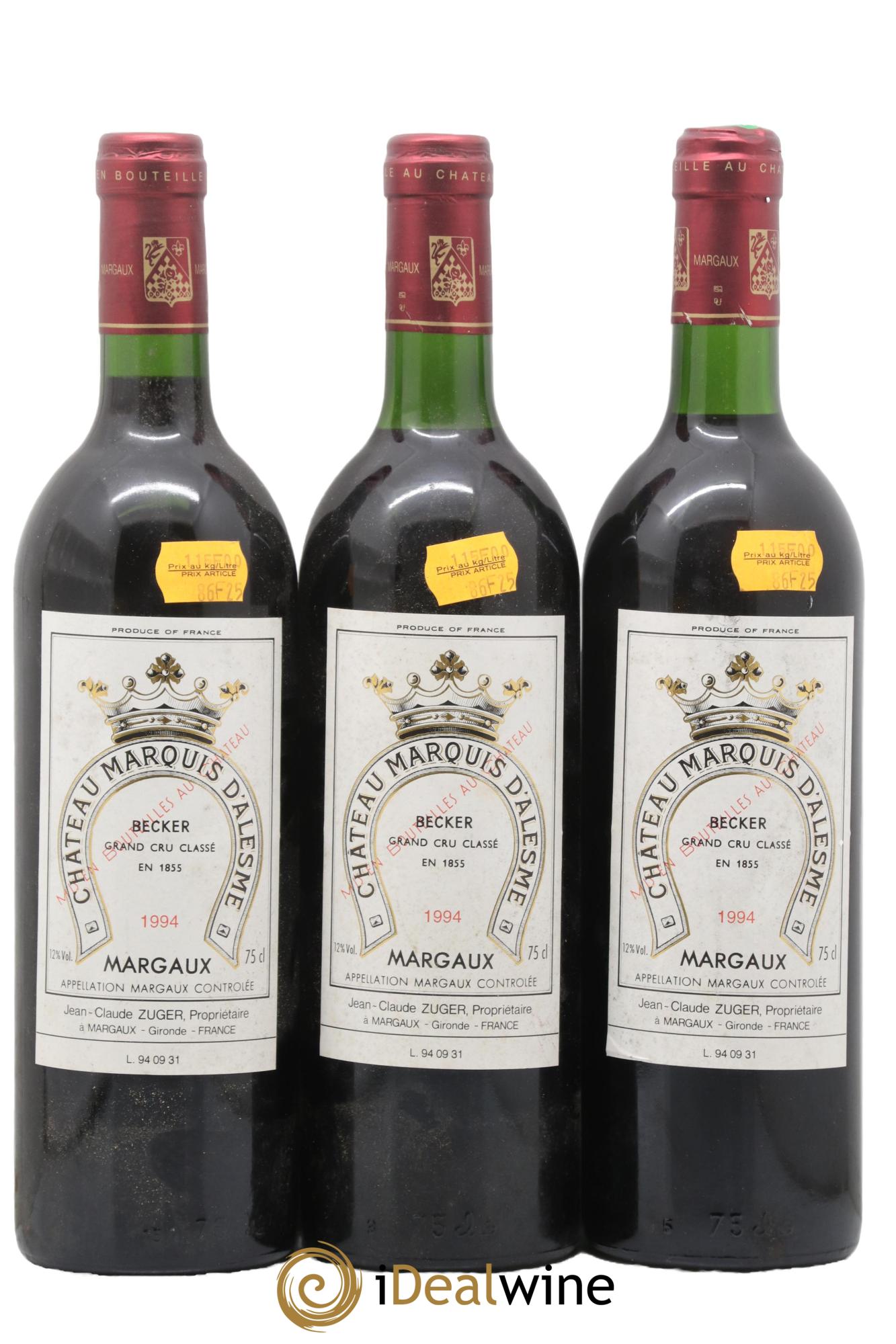 Château Marquis d'Alesme Becker 3ème Grand Cru Classé 1994 - Lot de 3 bouteilles - 0