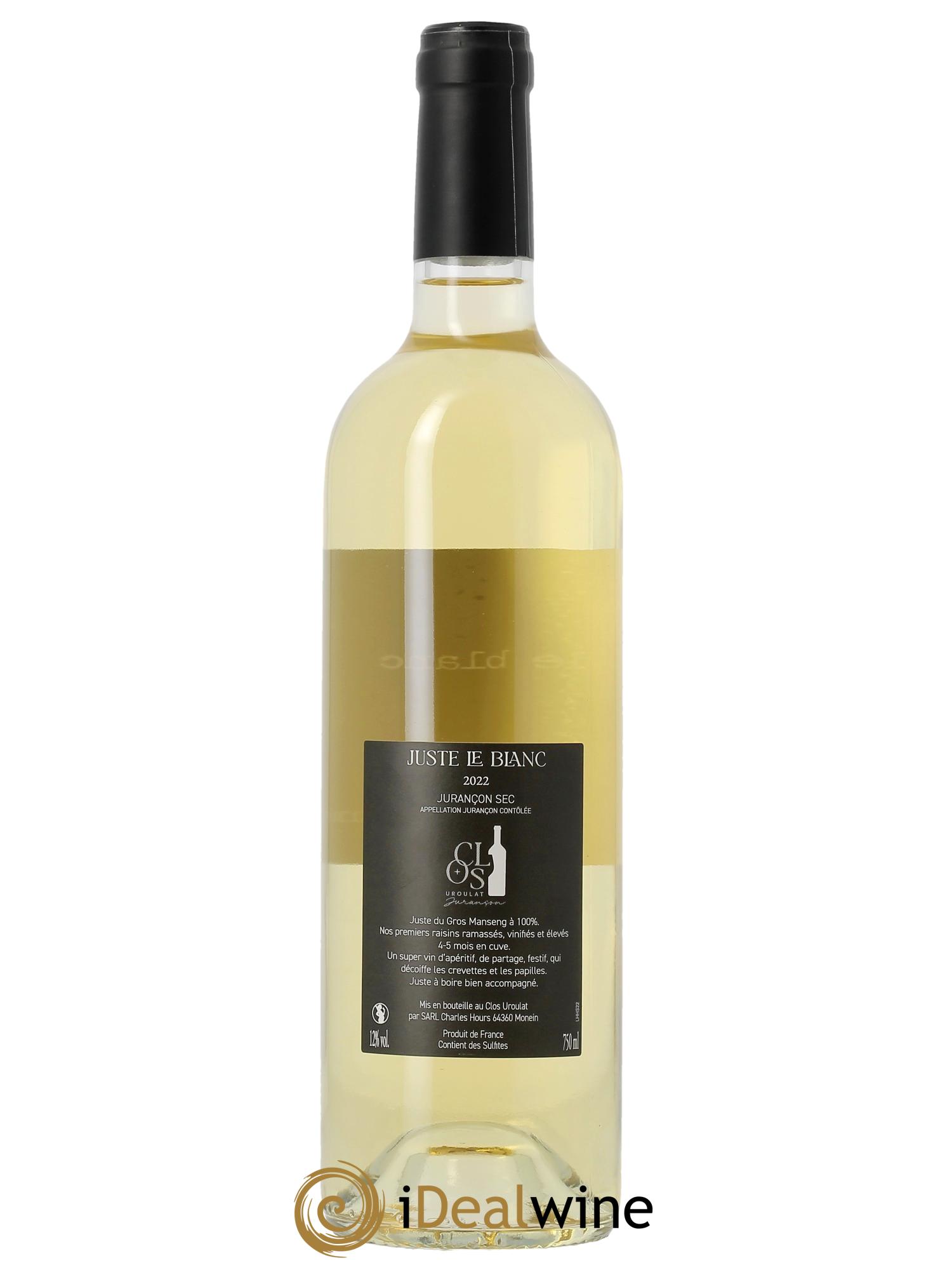 Jurançon Sec Clos Uroulat Juste le blanc Charles Hours 2022 - Lot of 1 bottle - 1