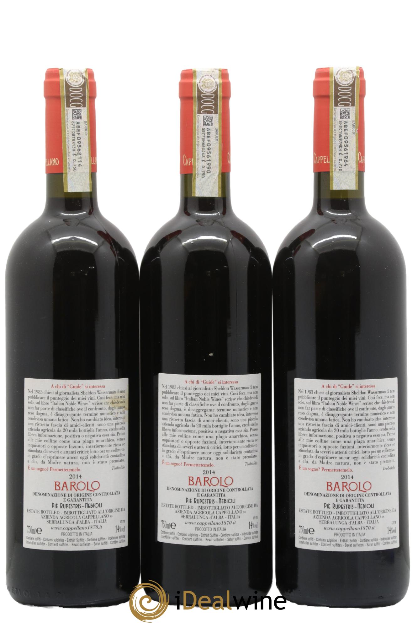 Barolo DOCG Pie Rupestris Cappellano 2014 - Lot de 3 bouteilles - 1
