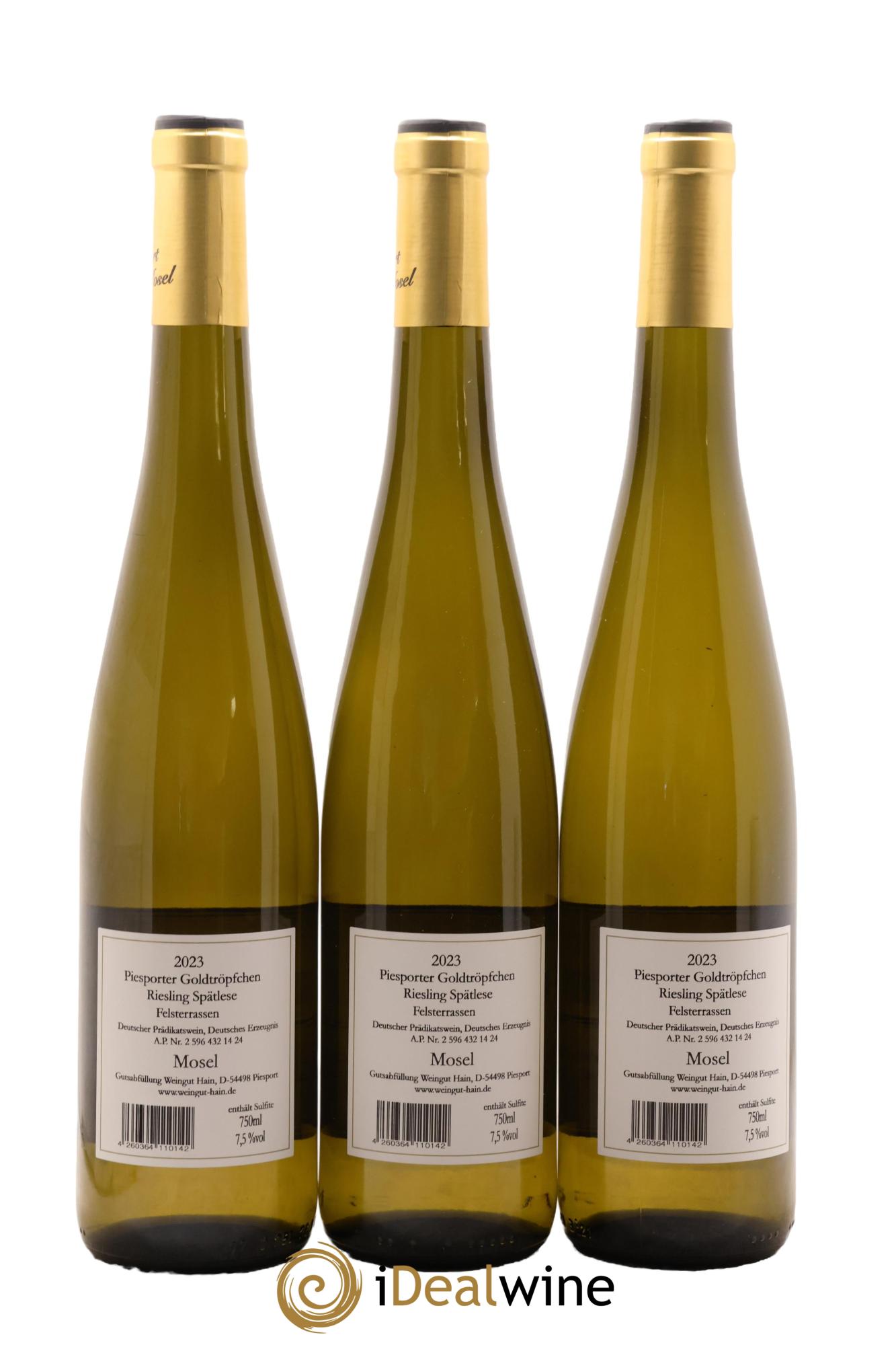 Allemagne Mosel-Saar Piesporter Goldtropfchen Riesling Spatlese Felsterrassen Kurt Hain 2023 - Lot de 3 bouteilles - 1